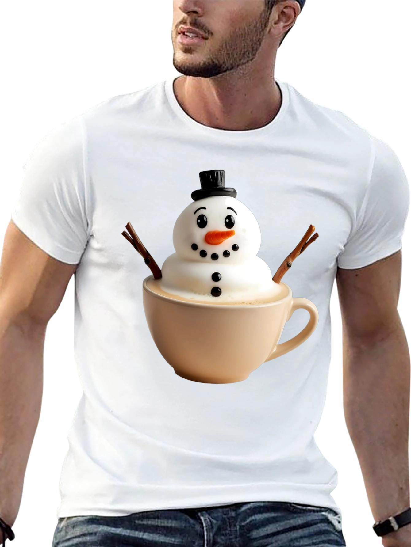 Whimsical Snowman Latte Art T-Shirt