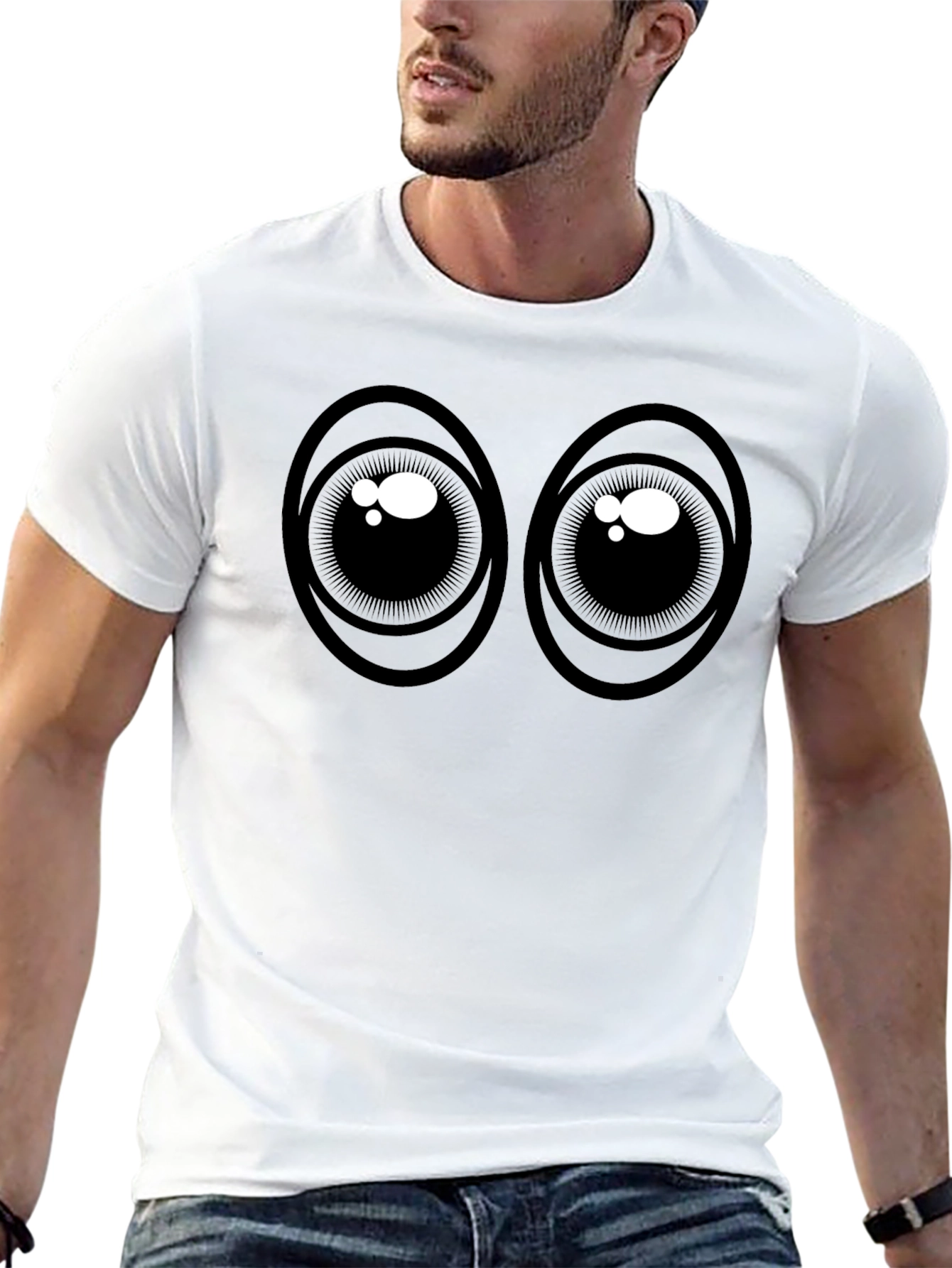 Cartoon Eyes Graphic Tee - Black Cotton T-Shirt