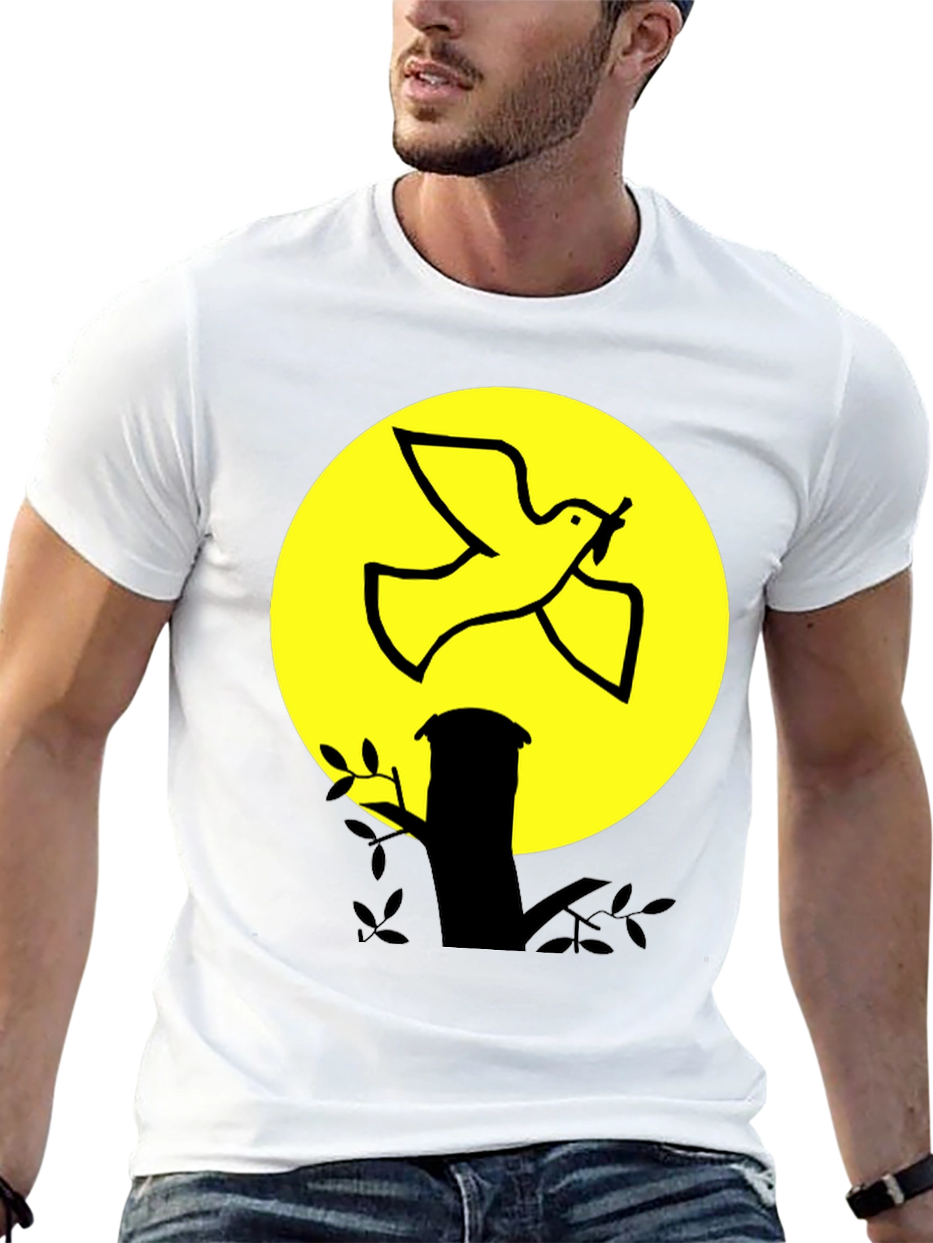 Dove and Moon Graphic Print Black T-Shirt