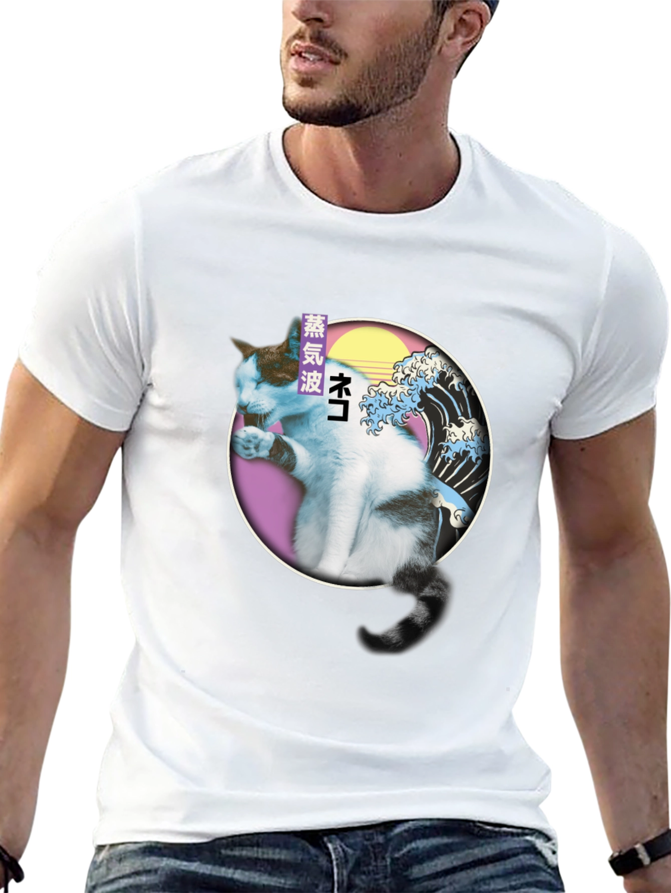 Vaporwave Cat T-Shirt - Great Wave Parody