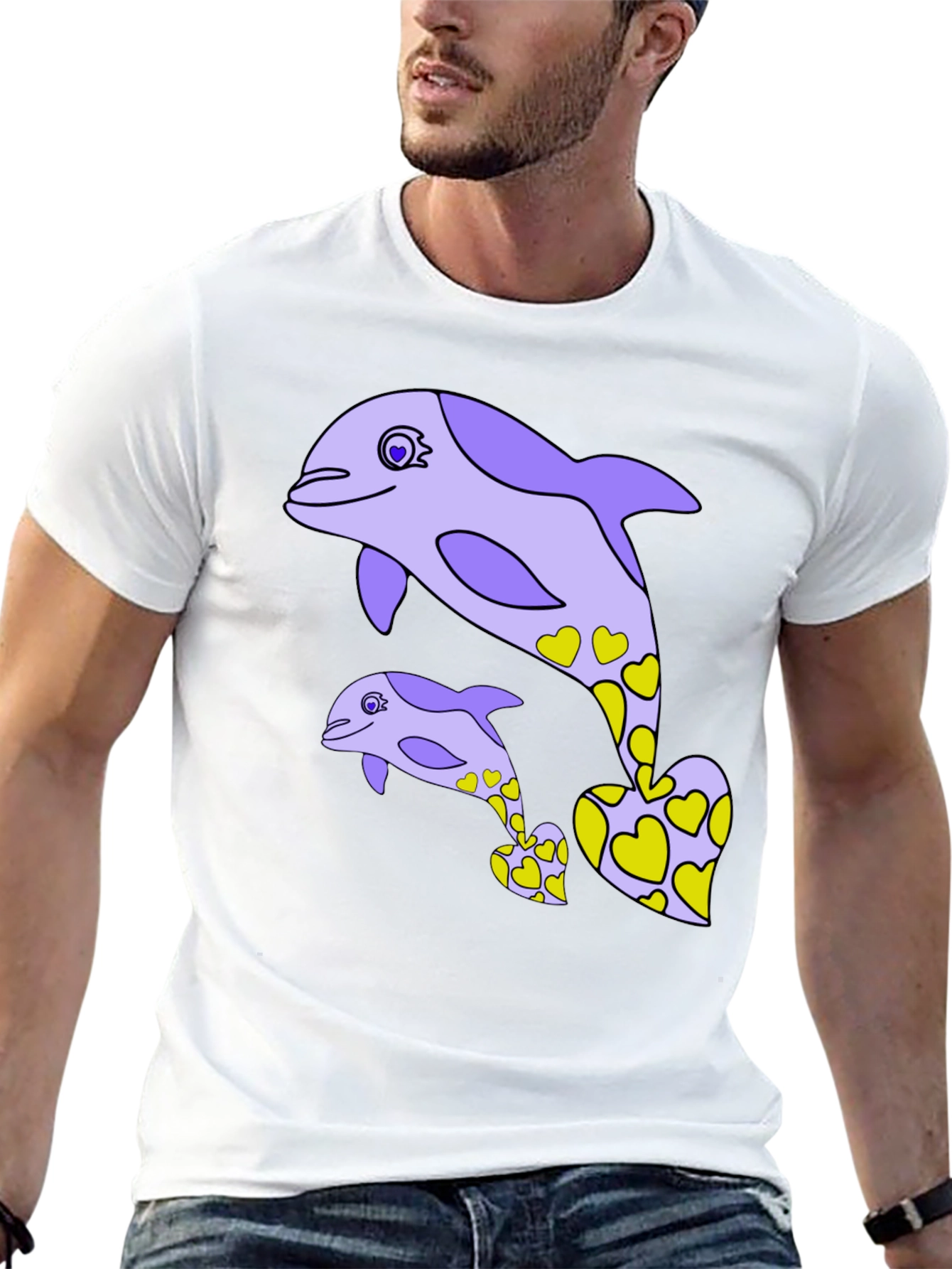 Dolphin Heart Graphic Tee - Black Cotton Casual T-Shirt