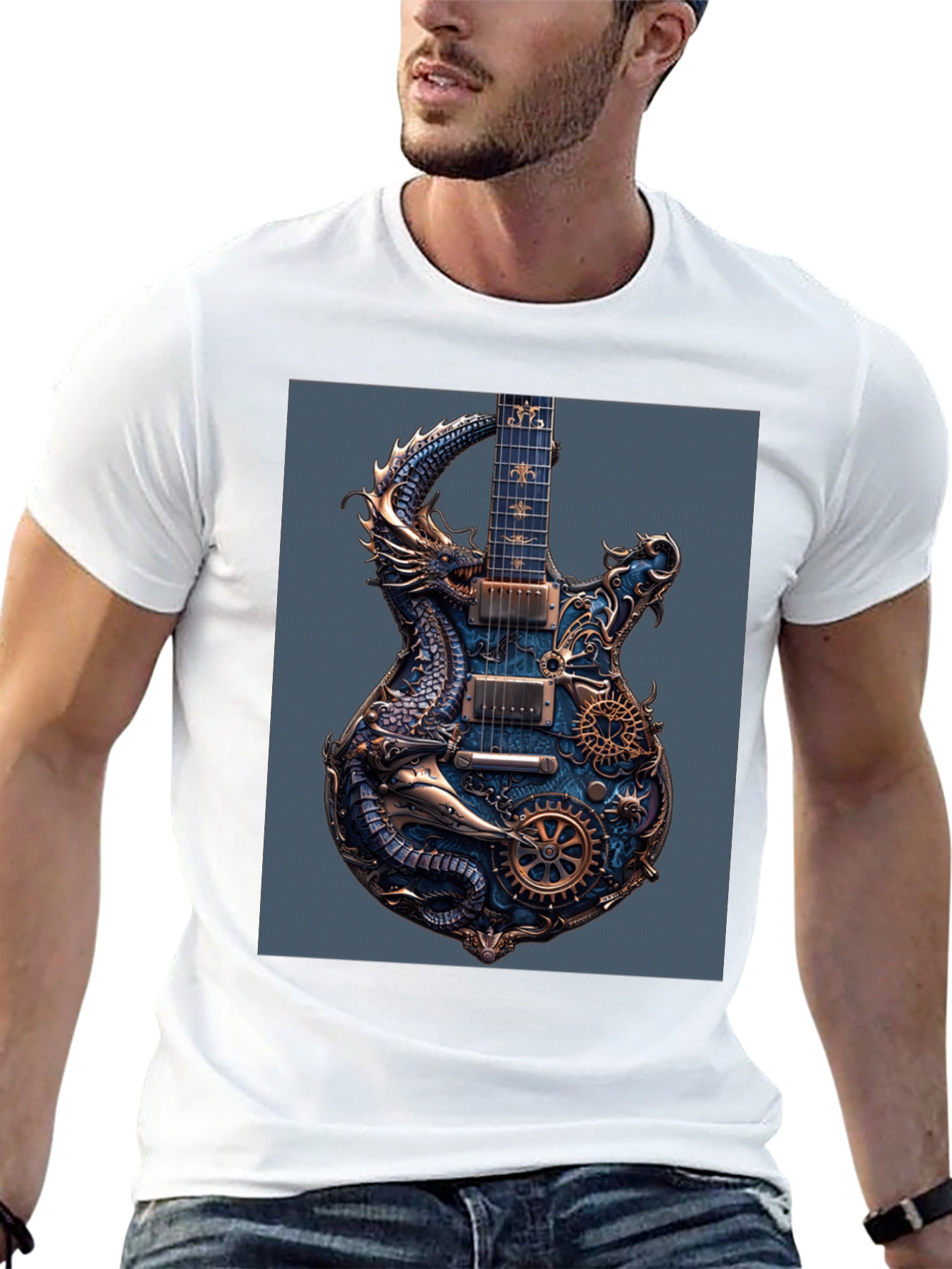 Steampunk Dragon Guitar Black T-Shirt