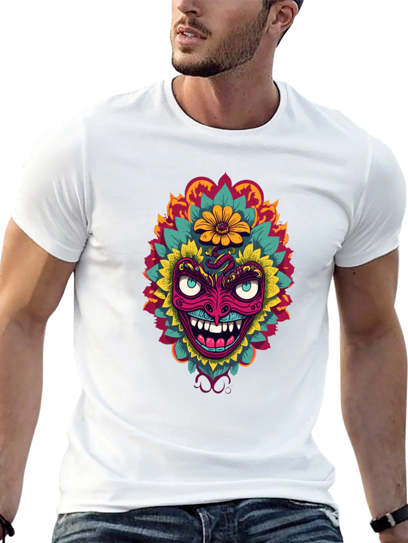 Psychedelic Mask Graphic Tee - Bold Black T-Shirt