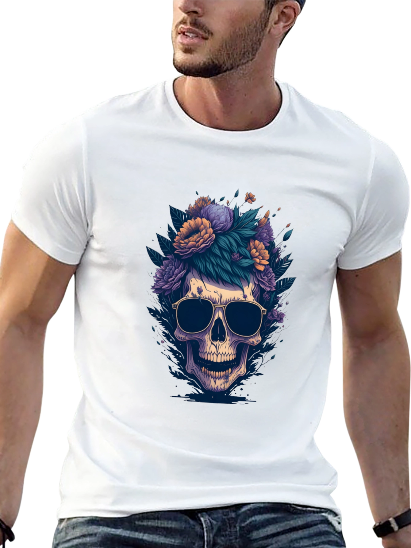 Skull & Flowers Graphic Tee - Black