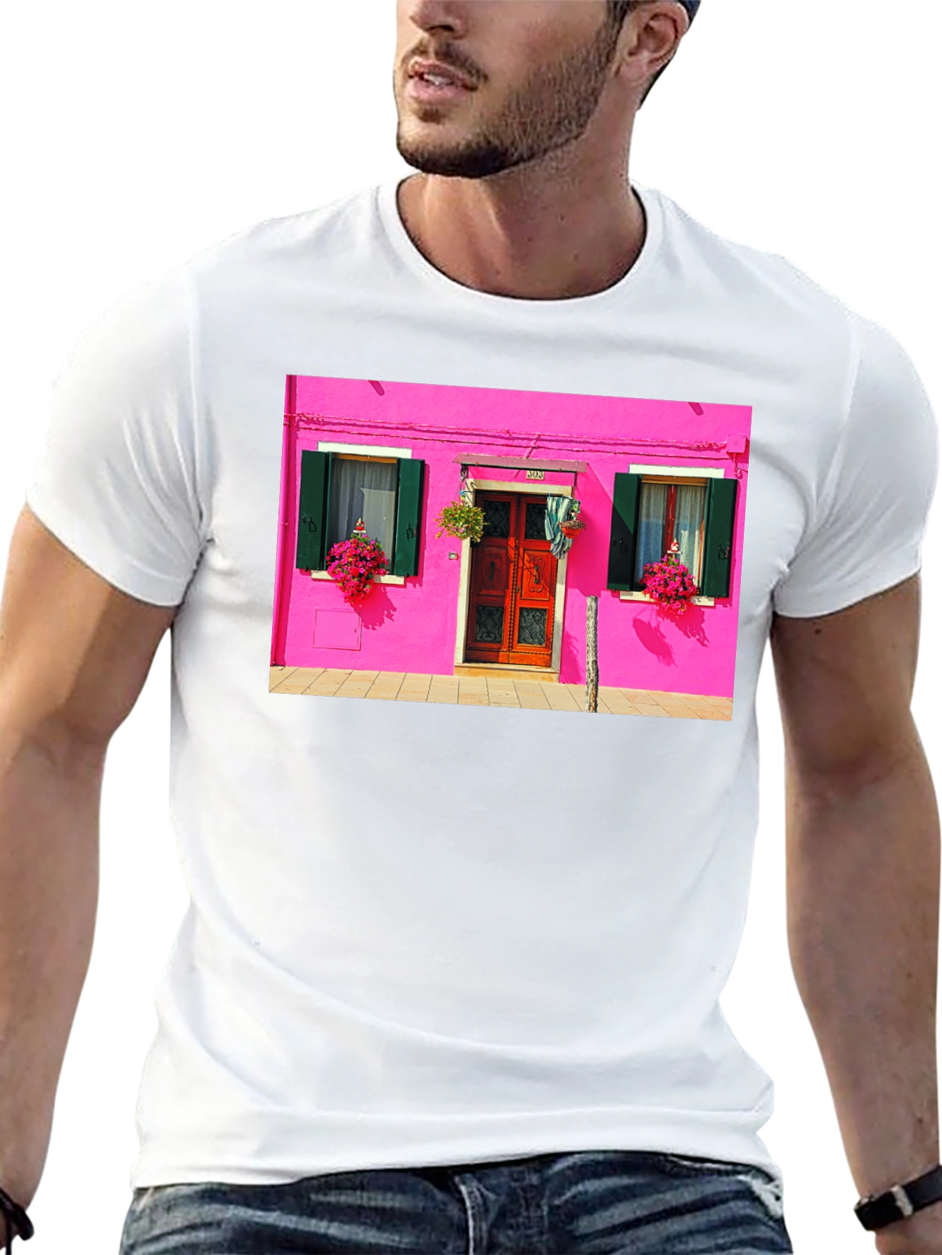 Vibrant Burano House Print Black T-Shirt