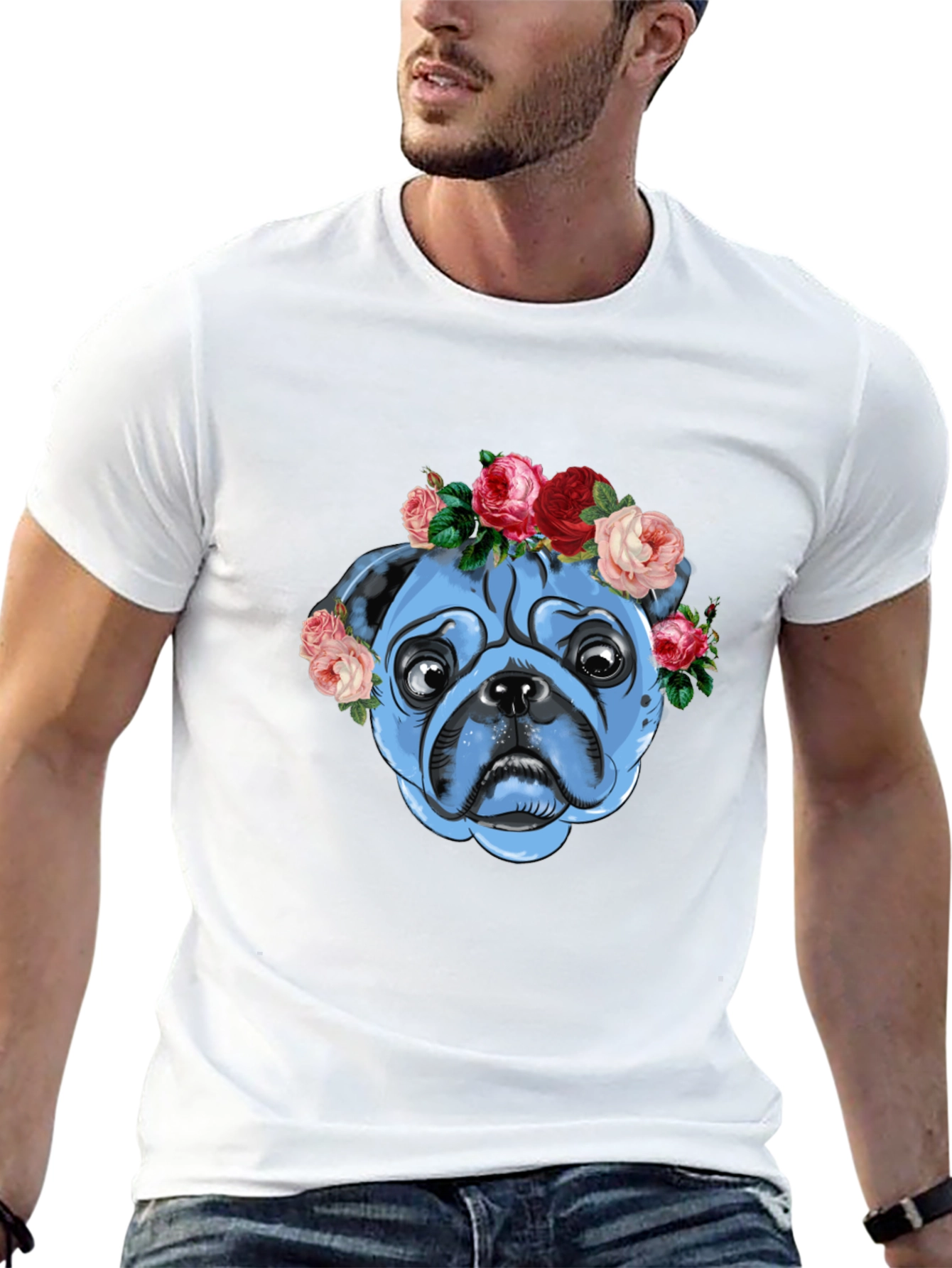 Floral Pug Graphic T-Shirt - Unisex Black Tee