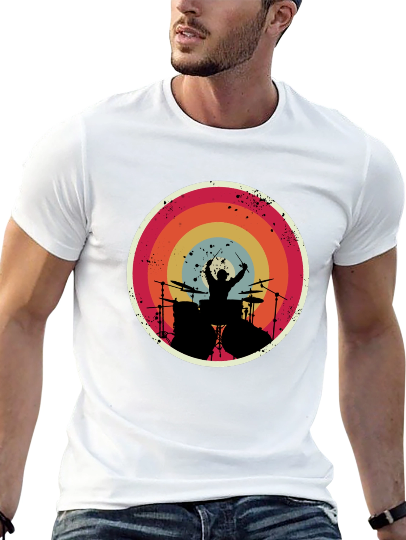 Drummer Silhouette Graphic Tee - Retro Style