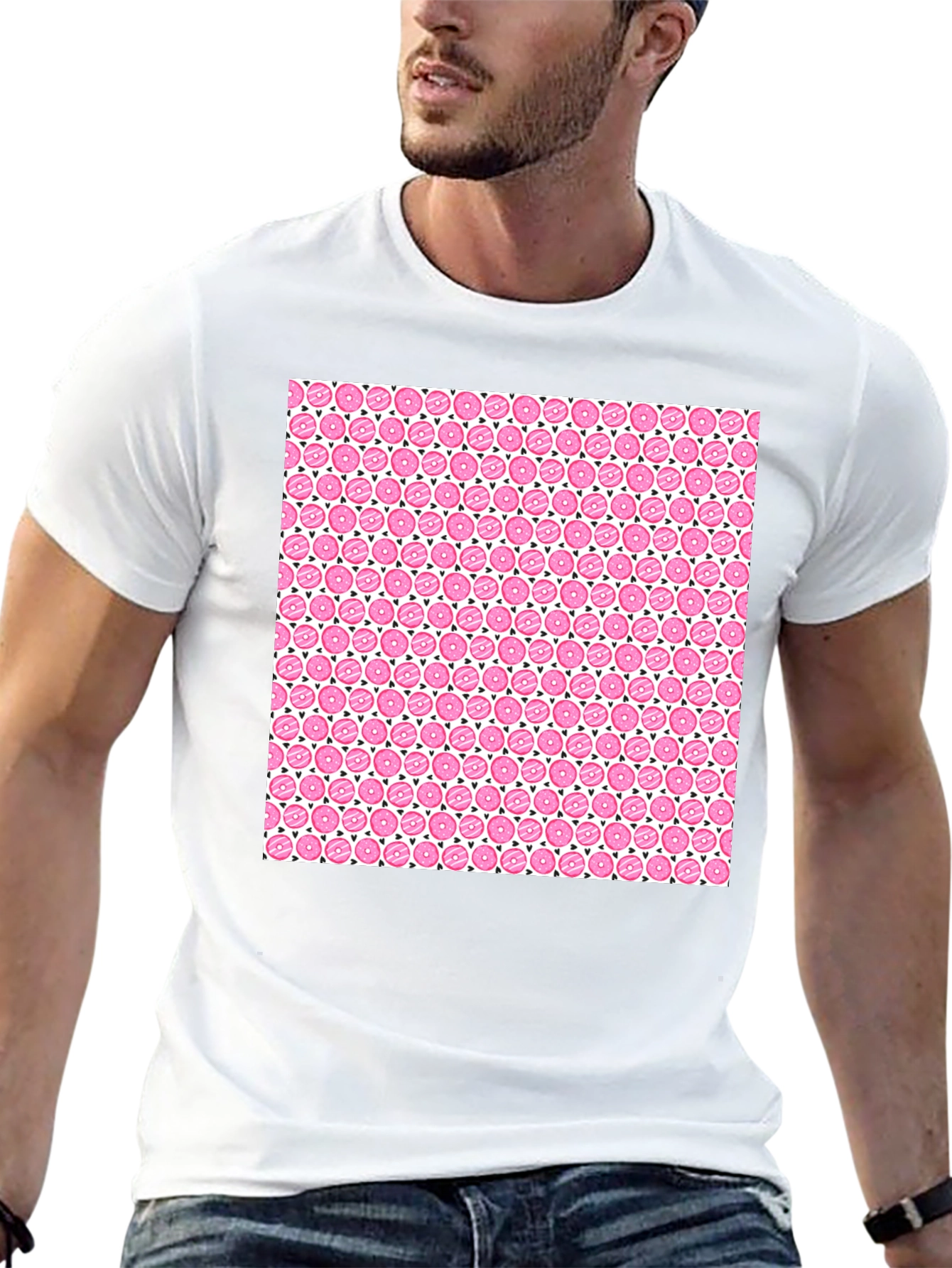 Pink Donut Pattern Black T-Shirt