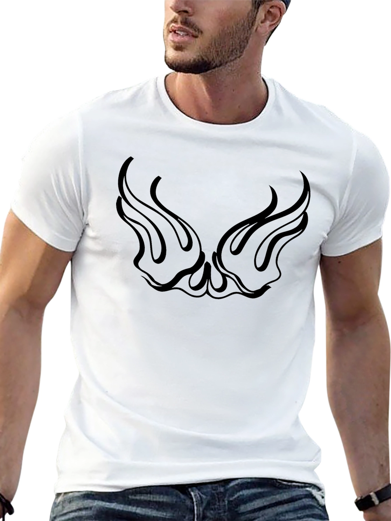 Black Graphic Tee with Wing Flame Design