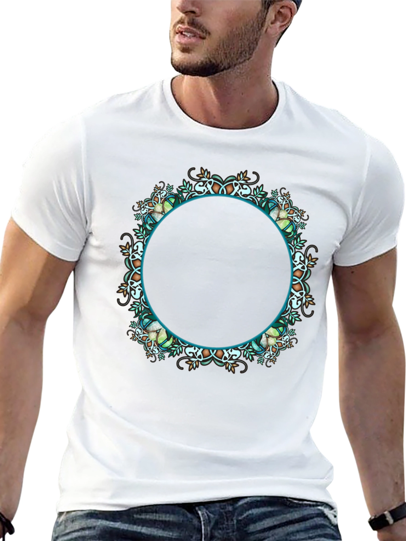 Black T-Shirt with Ornamental Circular Design