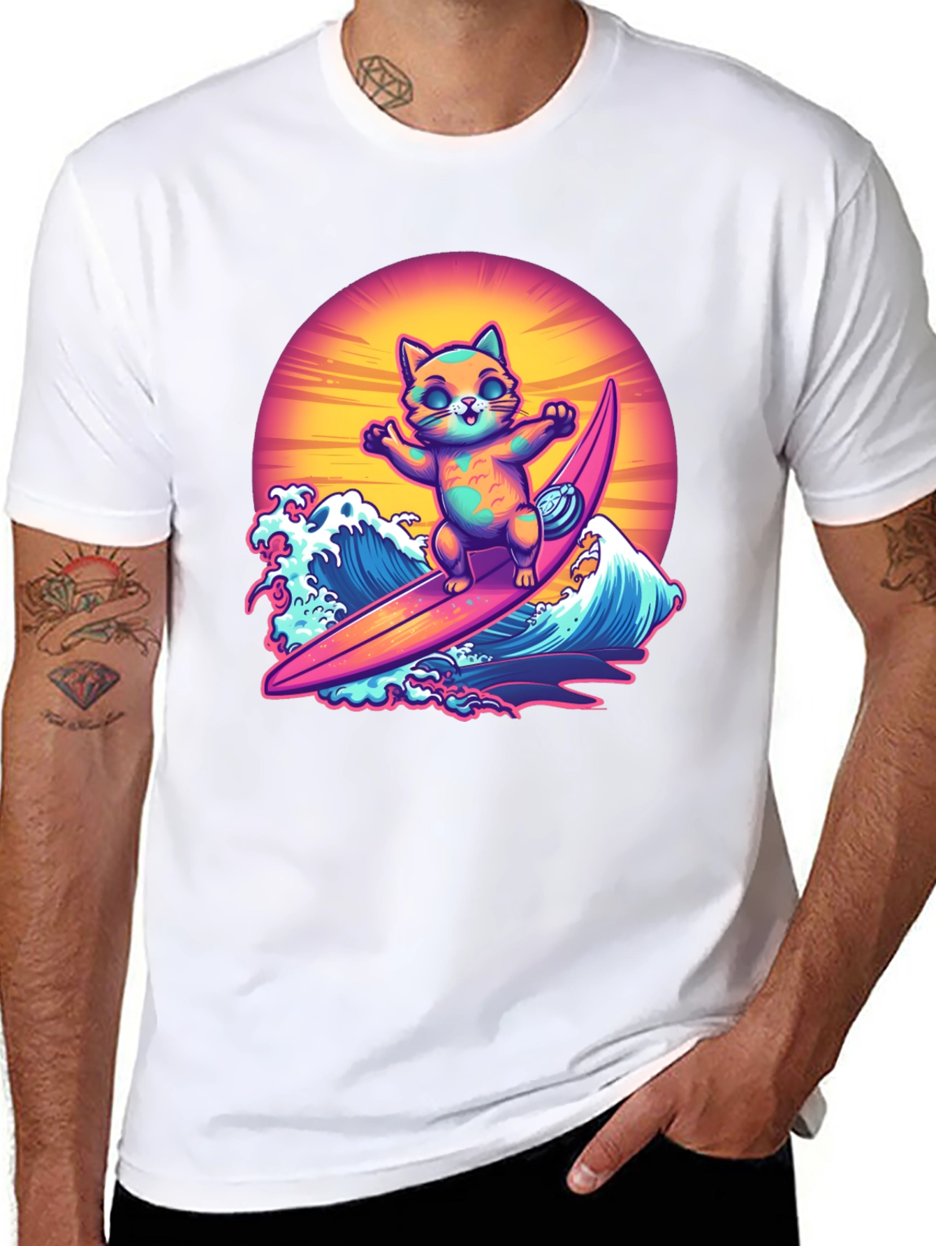 Surfing Cat Graphic Tee - Cool Summer Vibes