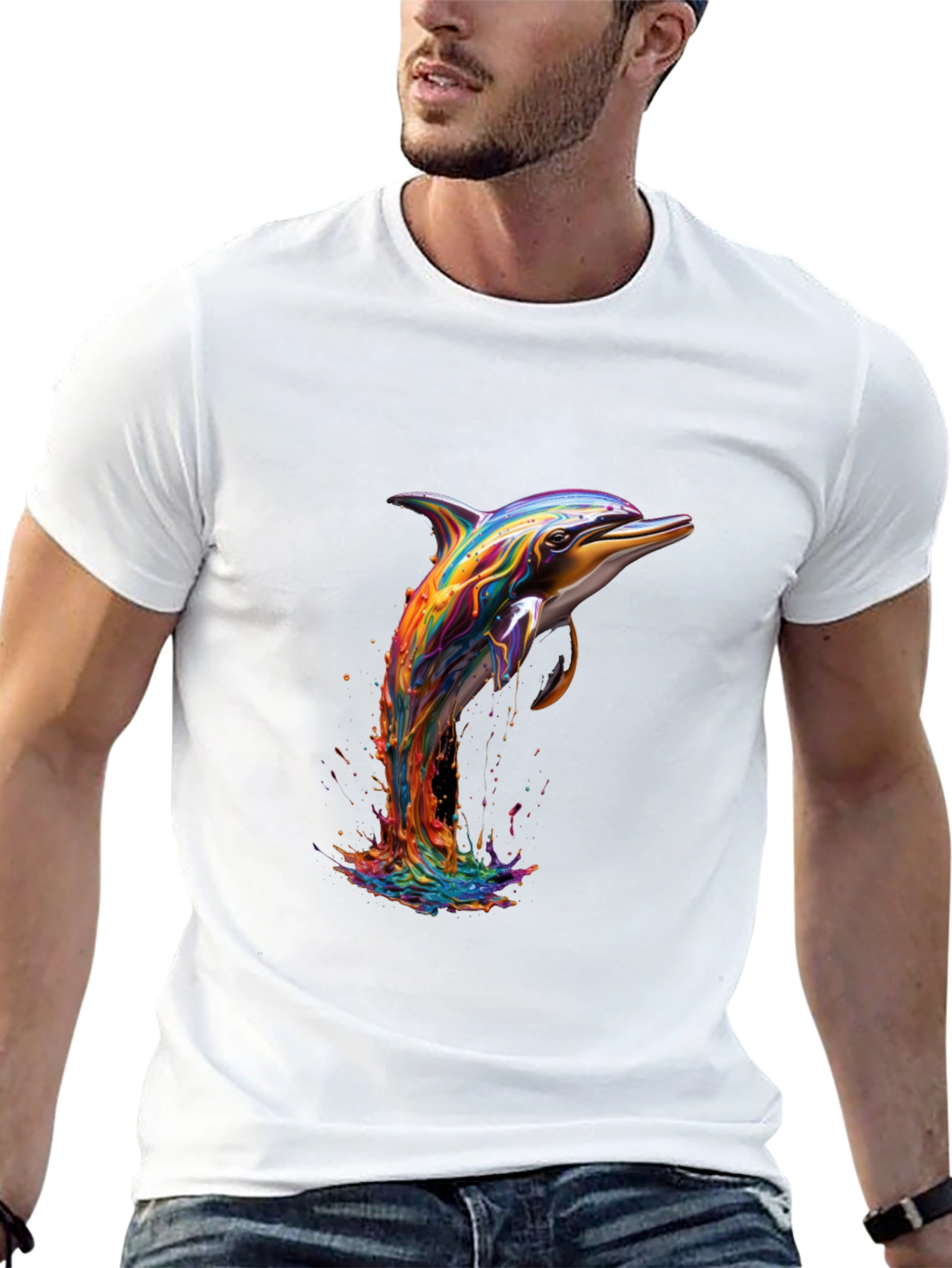 Rainbow Dolphin Graphic Tee - Stylish Mens Black T-Shirt