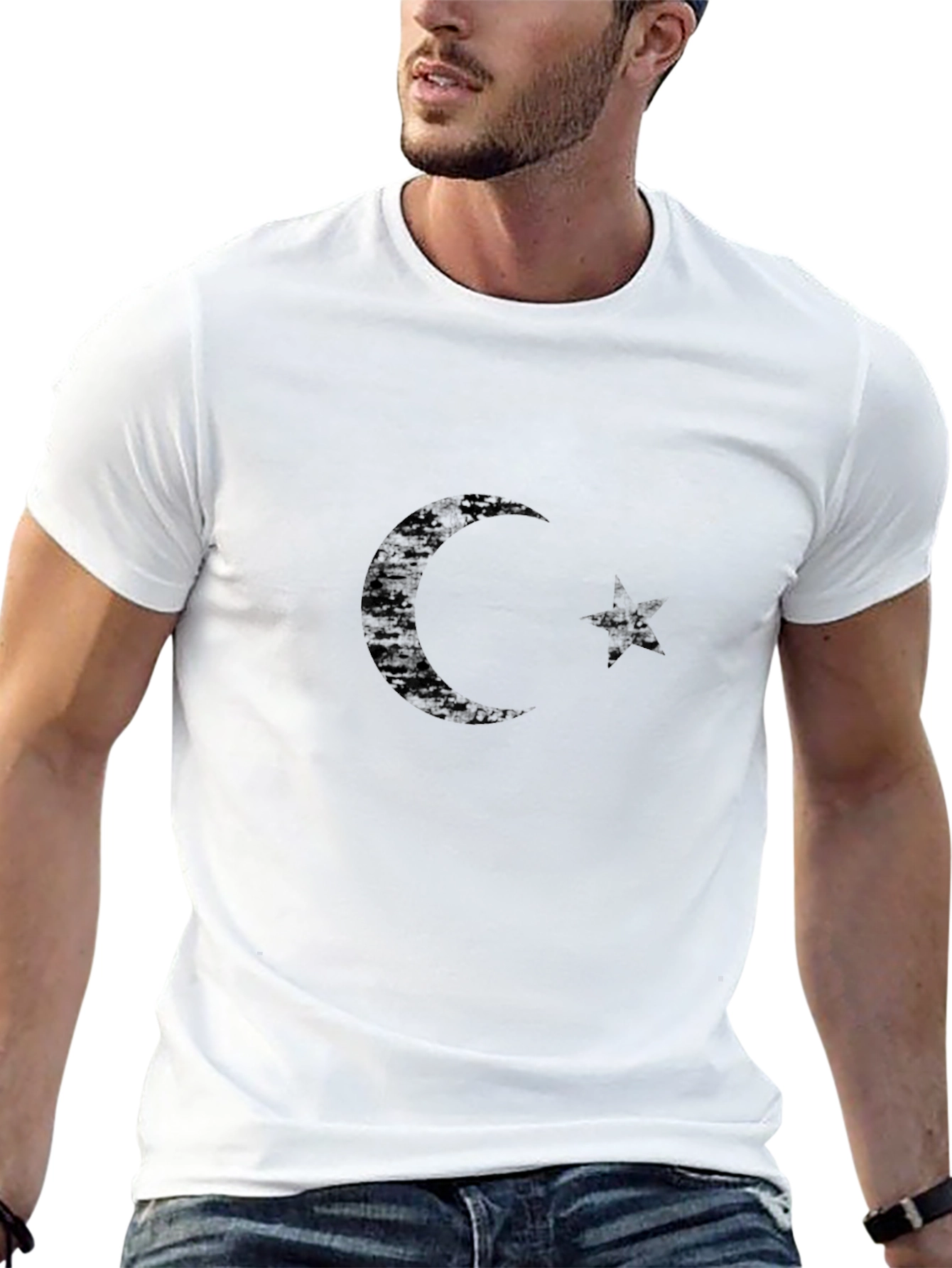 Distressed Crescent Moon & Star Black T-Shirt