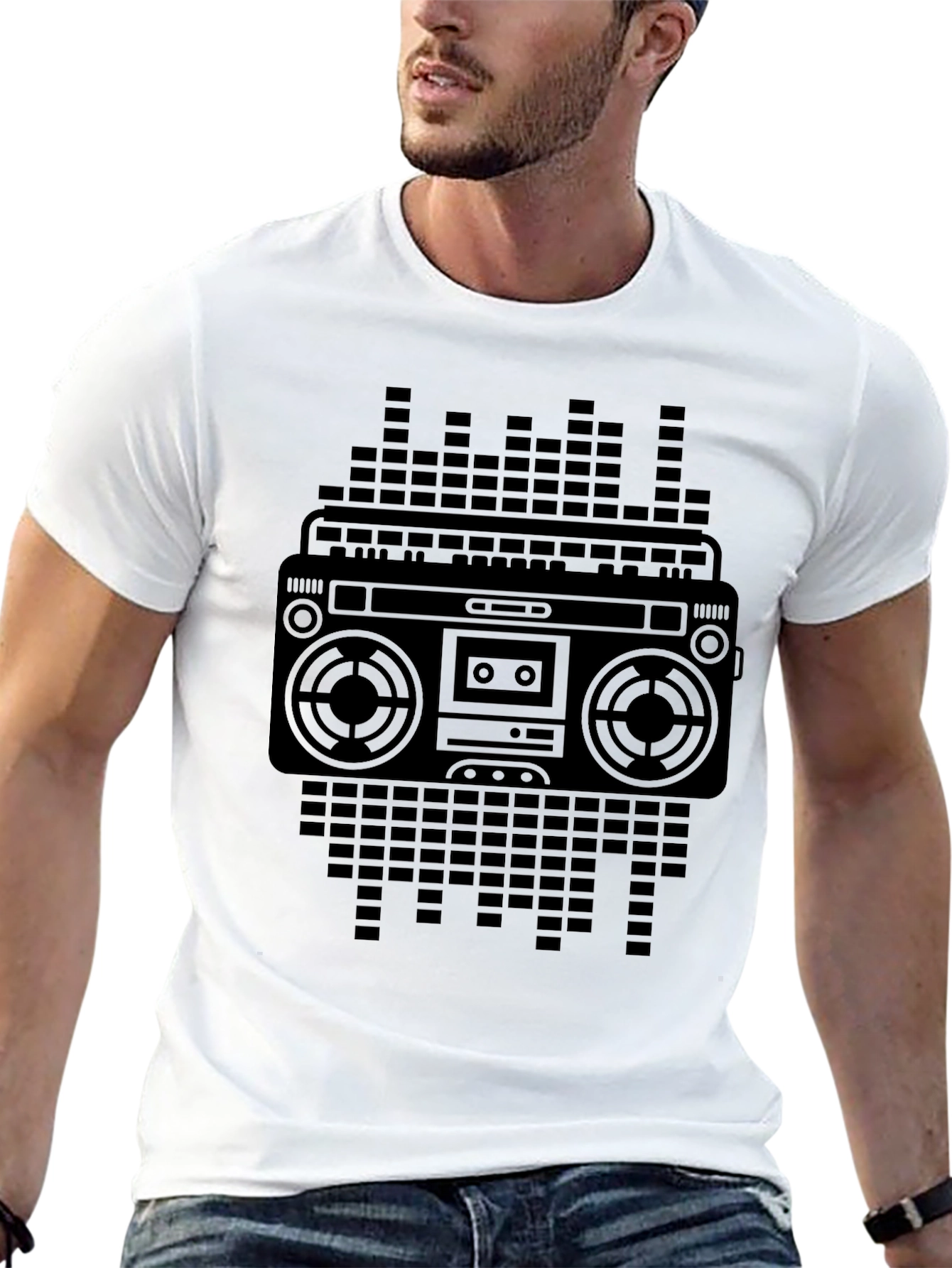 Retro Boombox Graphic Tee - Black Cotton Blend