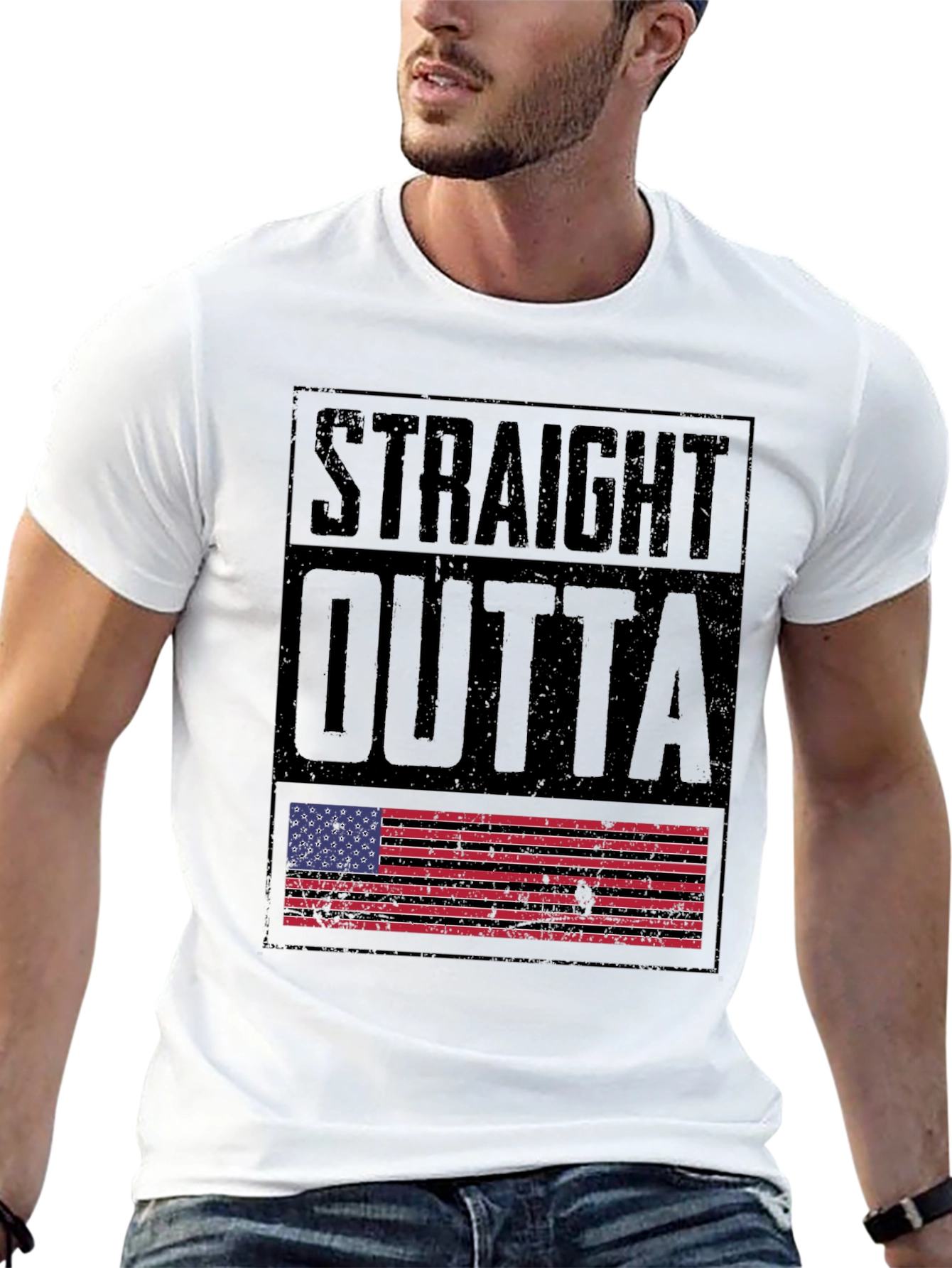 Straight Outta America T-Shirt - Distressed US Flag Design