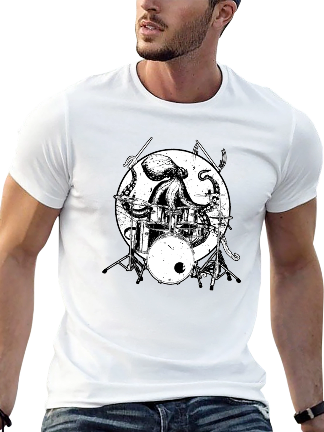 Octopus Drummer Graphic Tee - Black Cotton T-Shirt