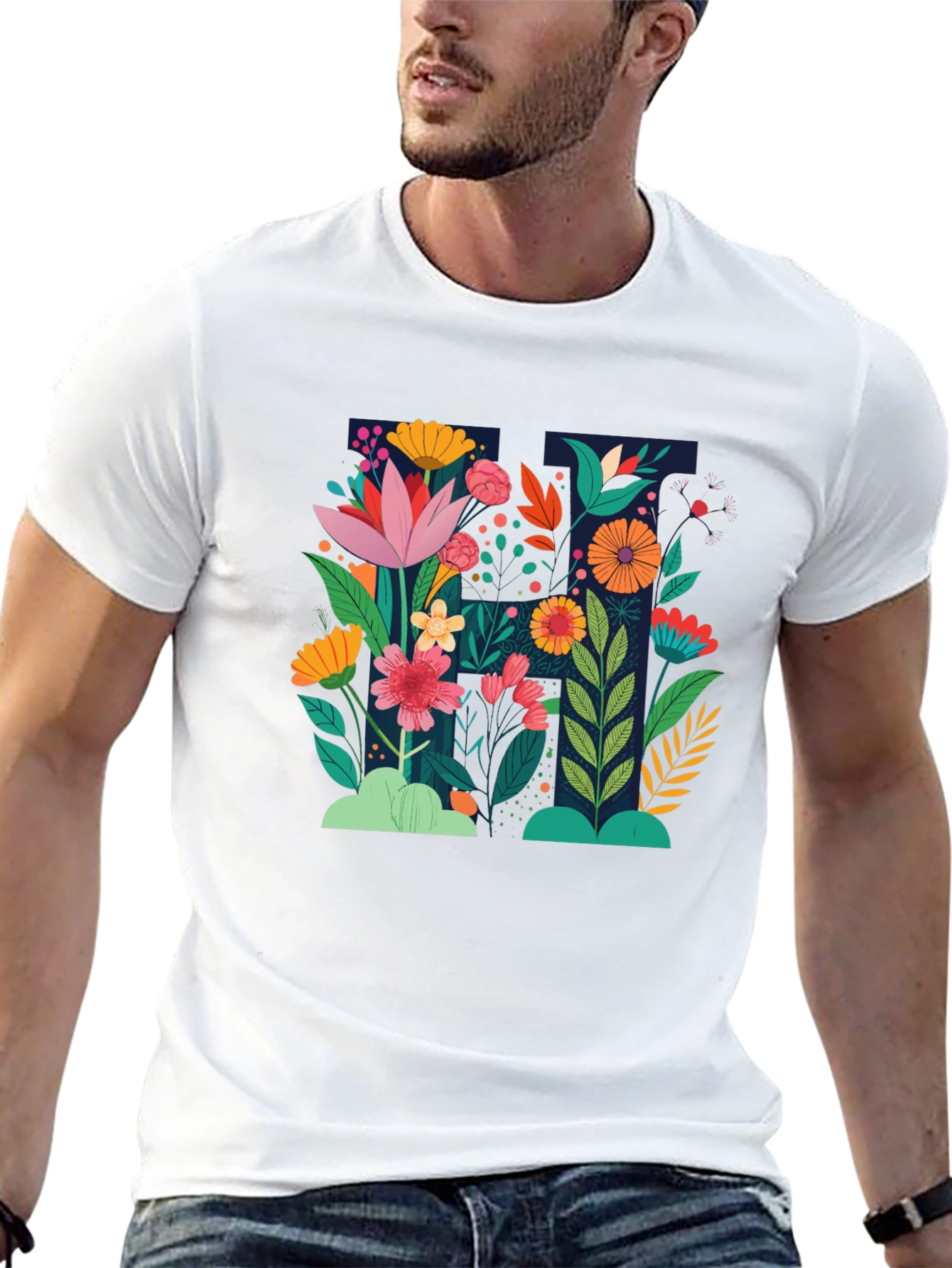 Floral Print Black Crew Neck T-Shirt