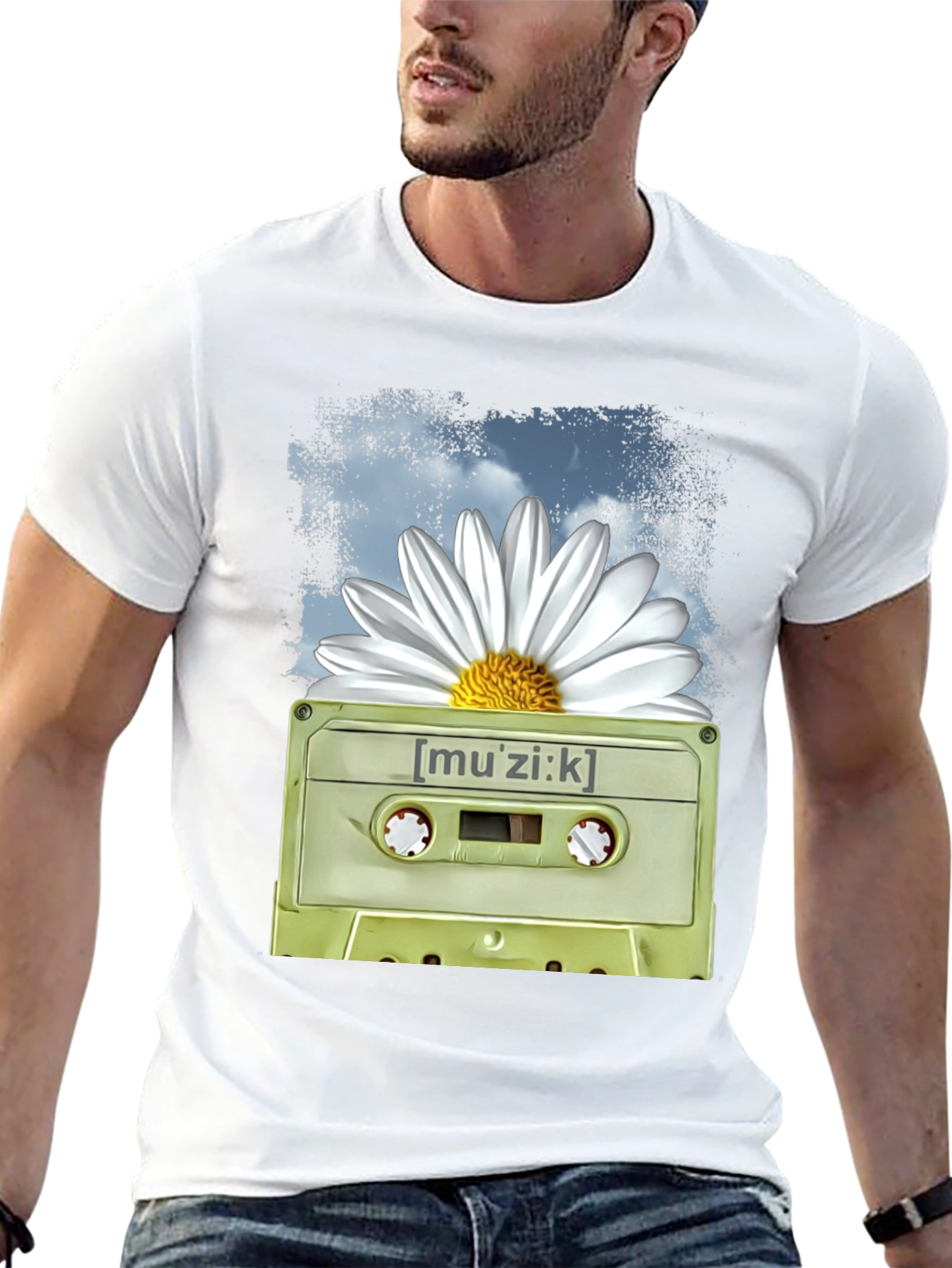 Retro Music Cassette and Daisy Graphic T-Shirt