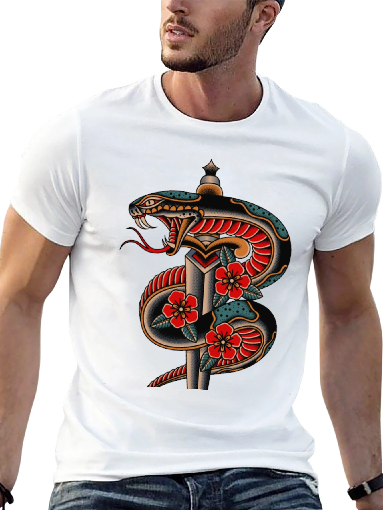 Snake & Dagger Graphic Tee - Classic Tattoo Design