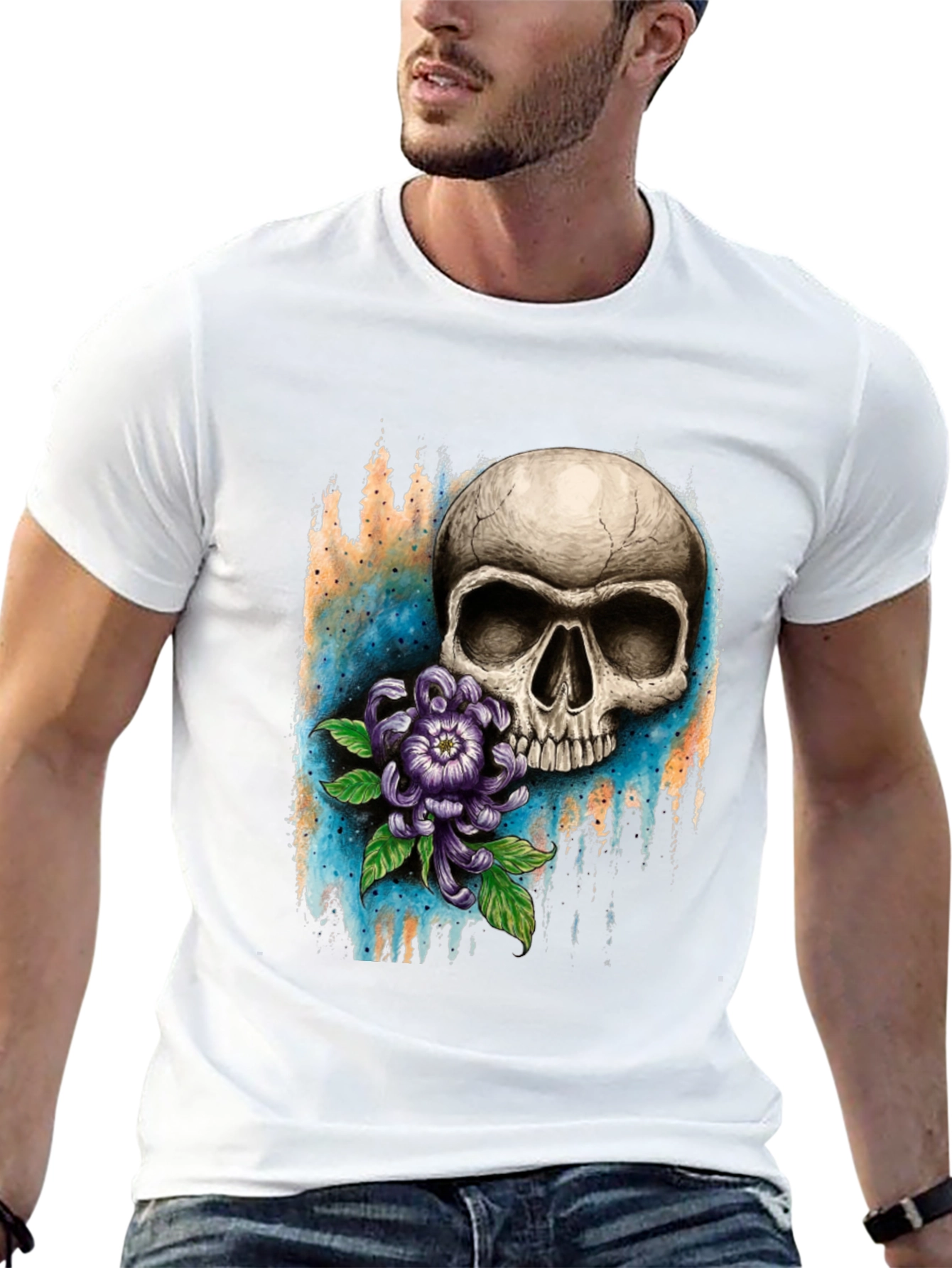 Skull and Flower Graphic T-Shirt