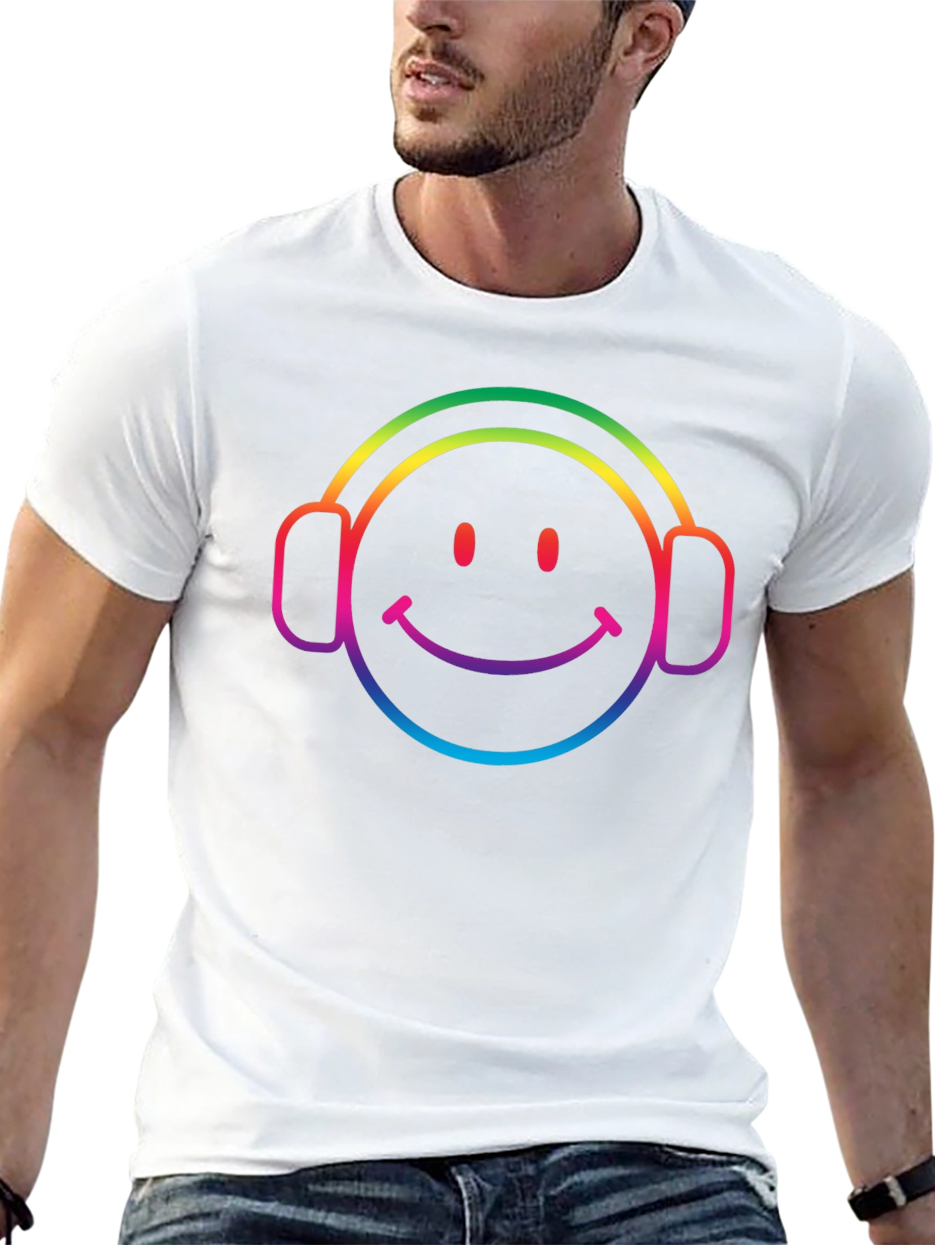 Rainbow Smiley Face Headphones Black T-Shirt