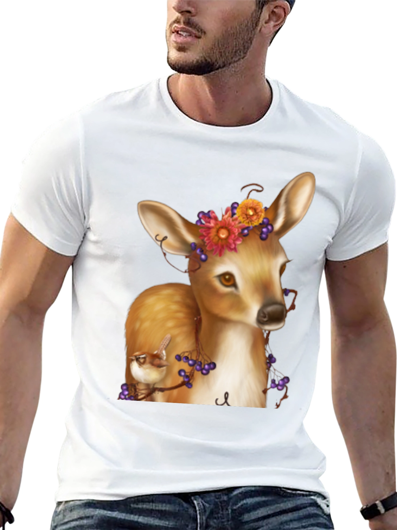 Deer and Bird Graphic Tee - Unisex Black T-Shirt