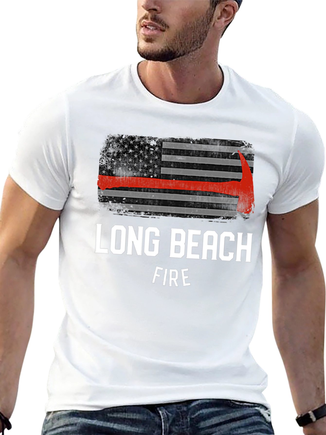 Long Beach Firefighter USA Flag Axe T-Shirt