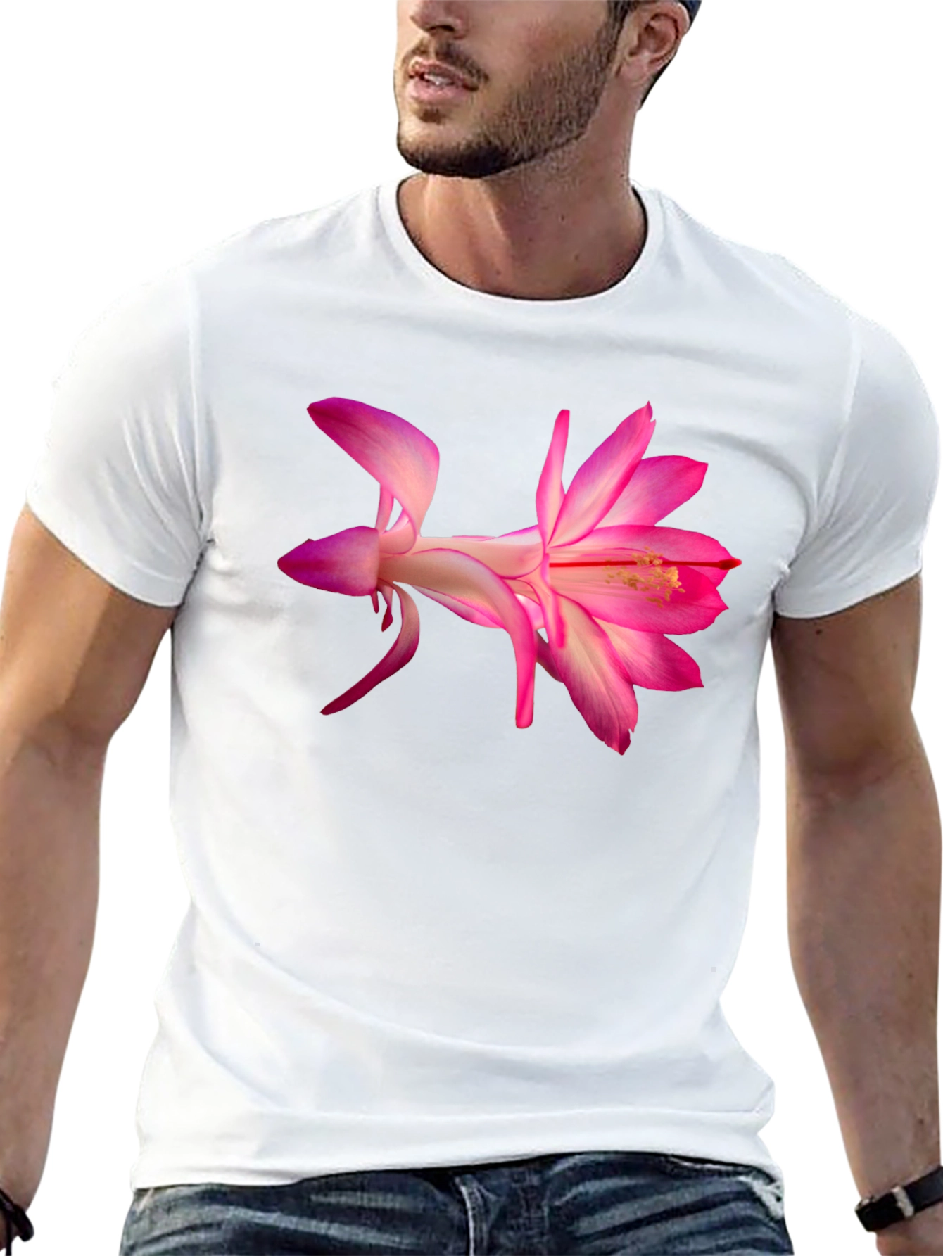 Pink Flower Graphic Black T-Shirt