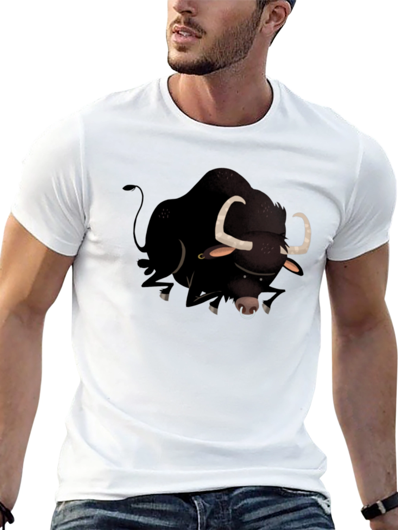 Black Bull Cartoon Graphic T-Shirt for Men