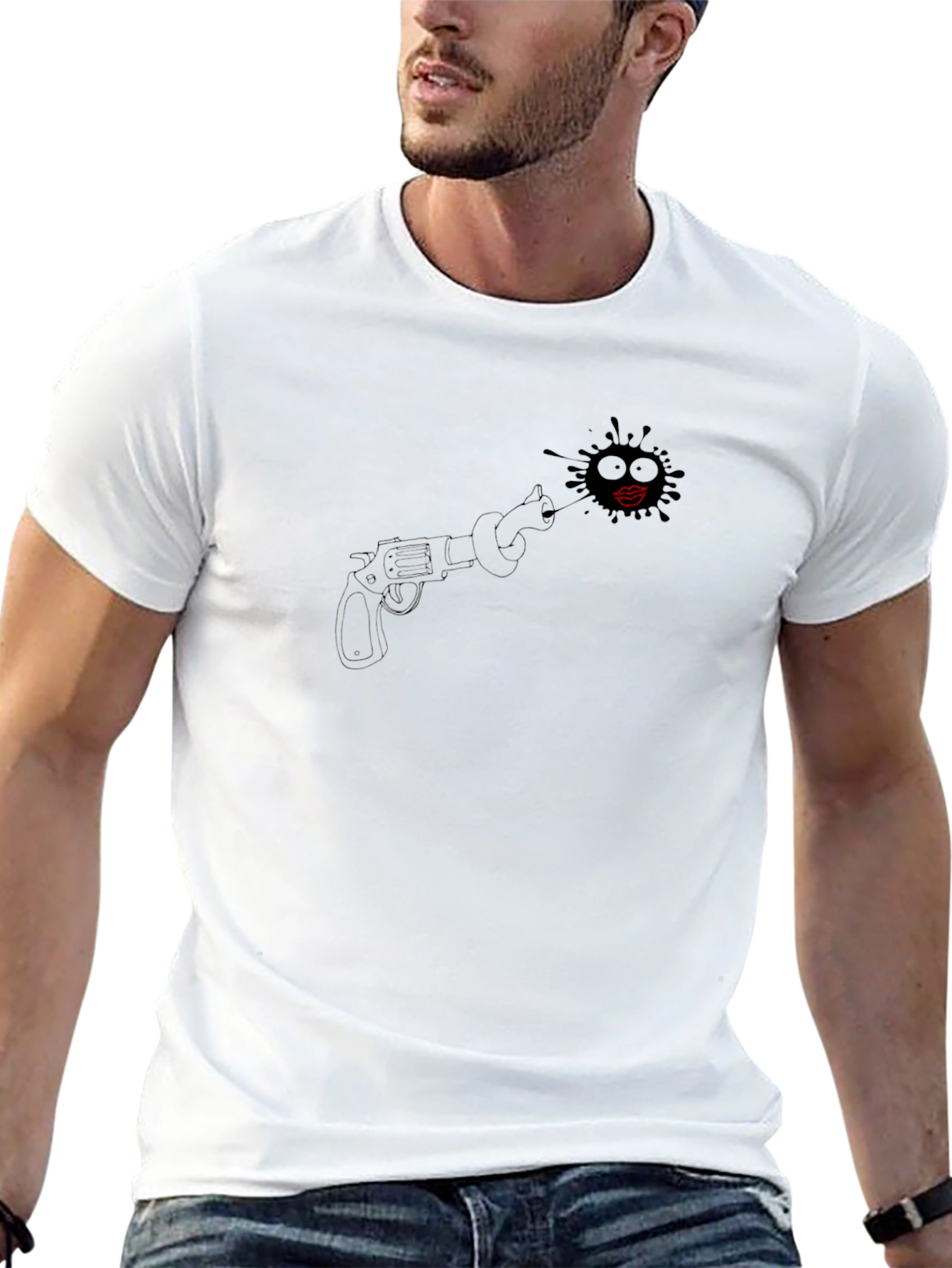 Black T-Shirt with Revolver and Lips Design