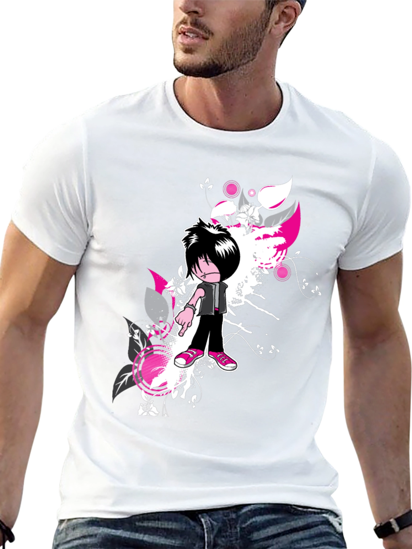 Emo Cartoon Graphic Black T-Shirt