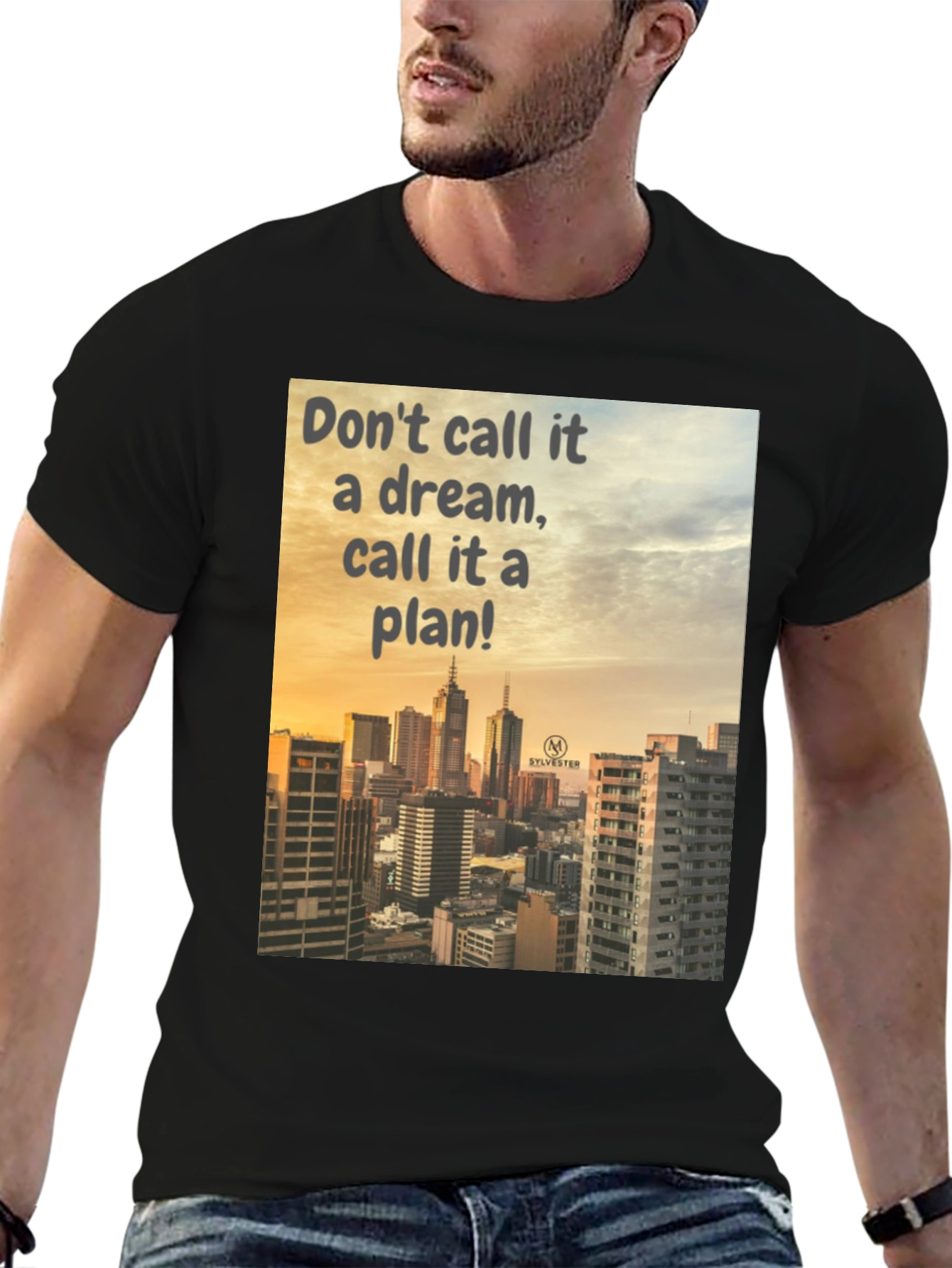Dream to Plan Black T-Shirt: Cityscape Motivation