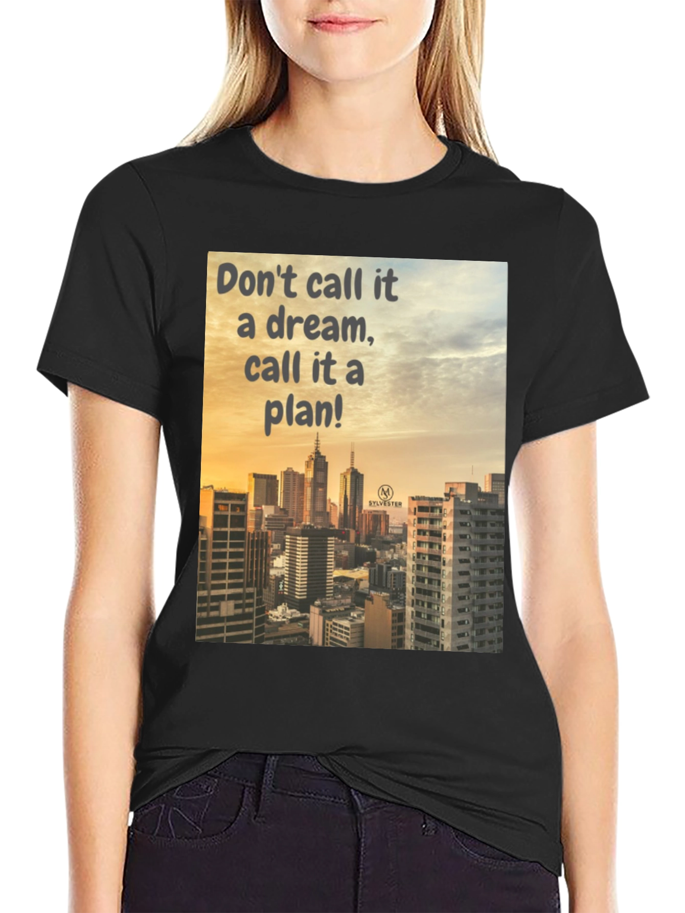 Dream to Plan Black T-Shirt: Cityscape Motivation