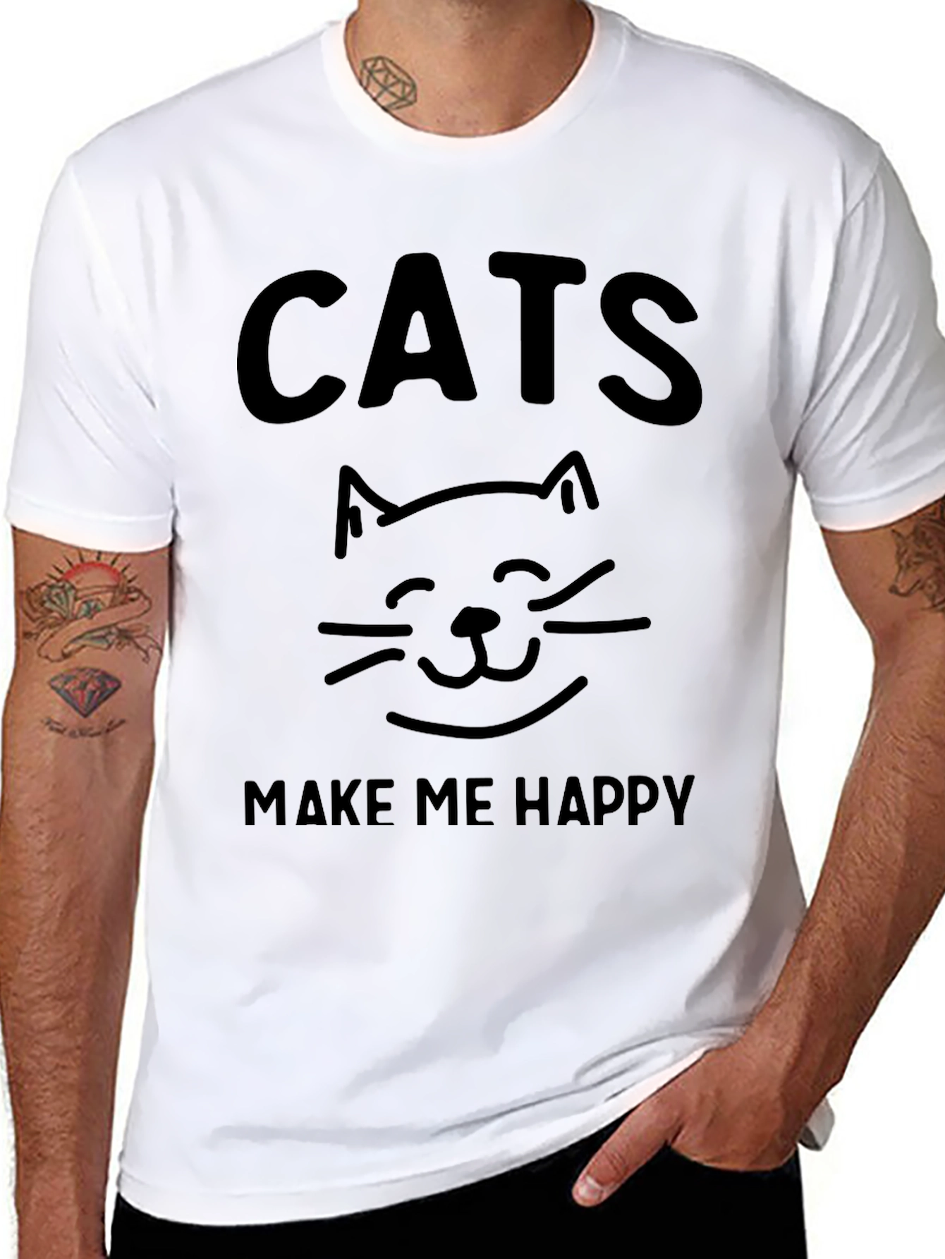 Cats Make Me Happy Graphic Tee - Black