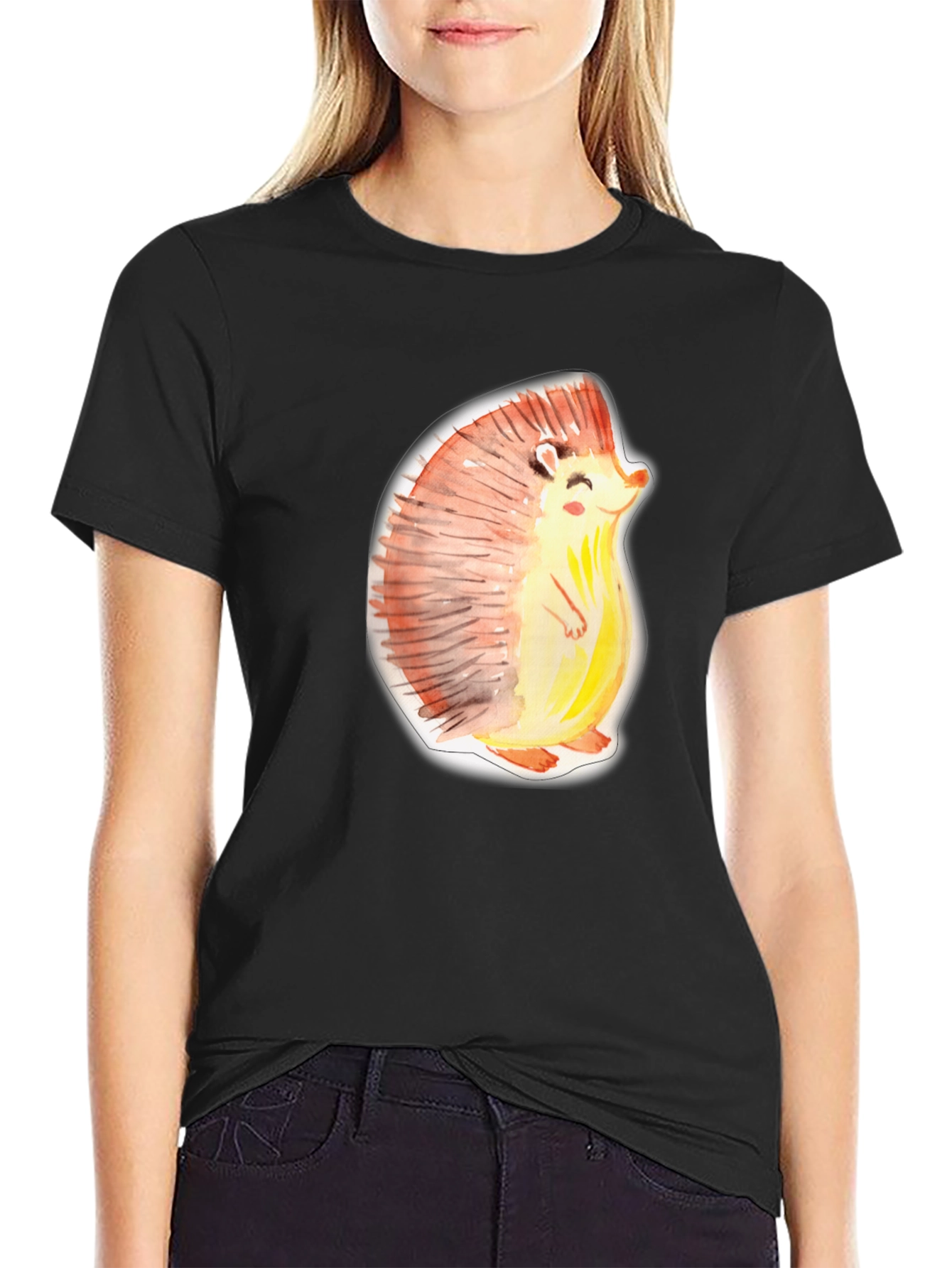 Cute Hedgehog Graphic Tee - Black Cotton Shirt