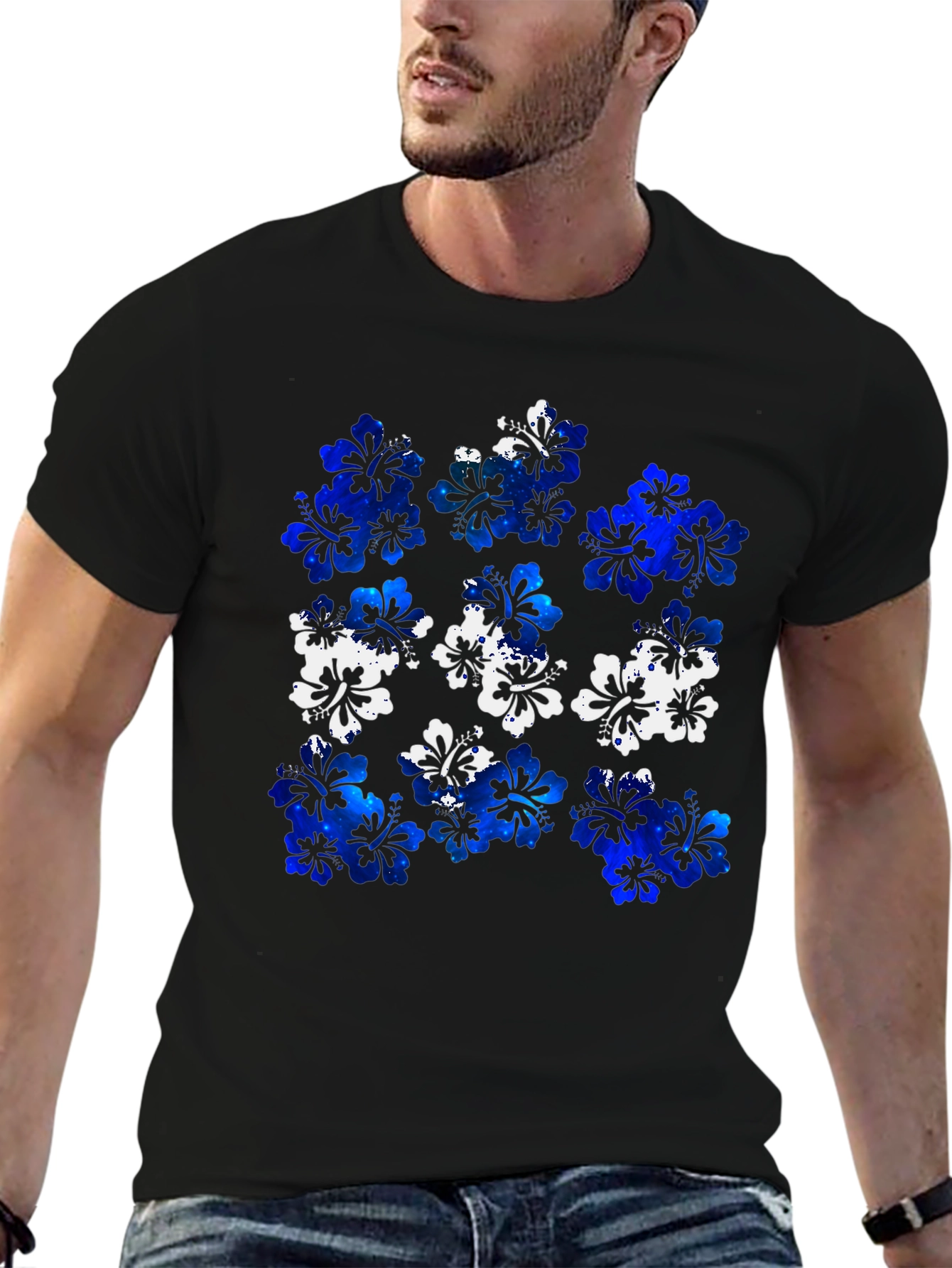 Hibiscus Floral Print Mens Black T-Shirt