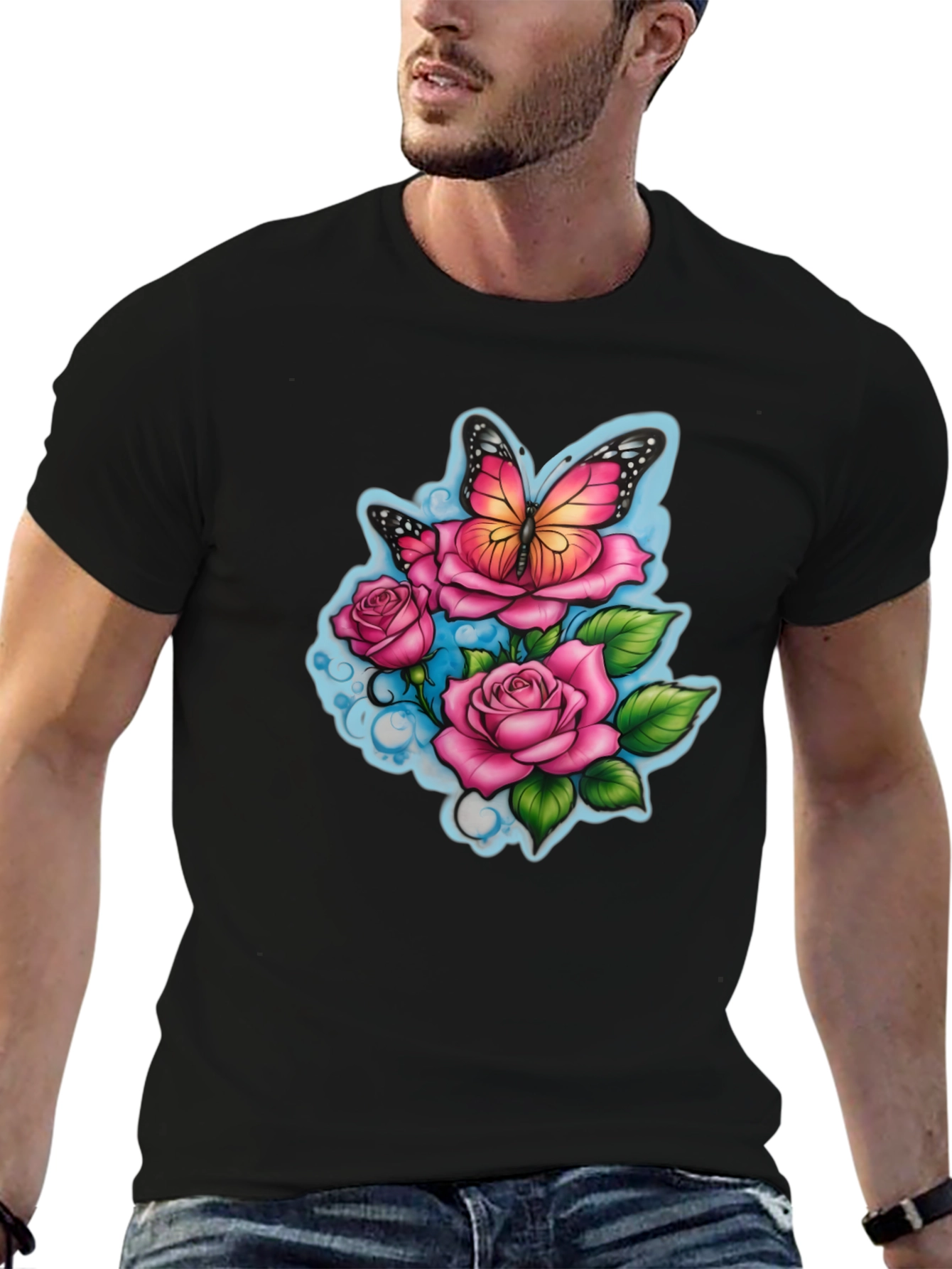 Butterfly & Roses Graphic Black T-Shirt