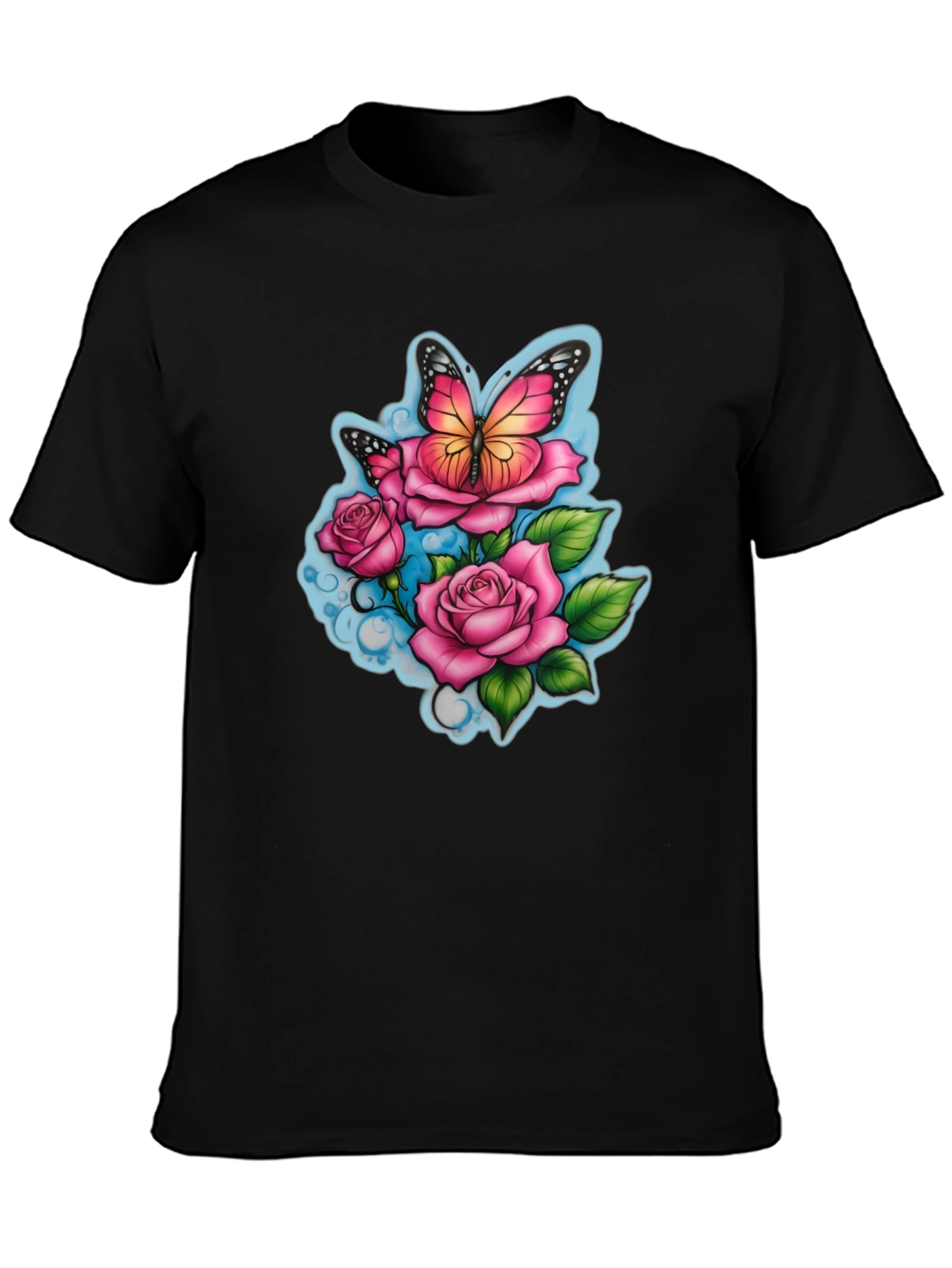 Butterfly & Roses Graphic Black T-Shirt