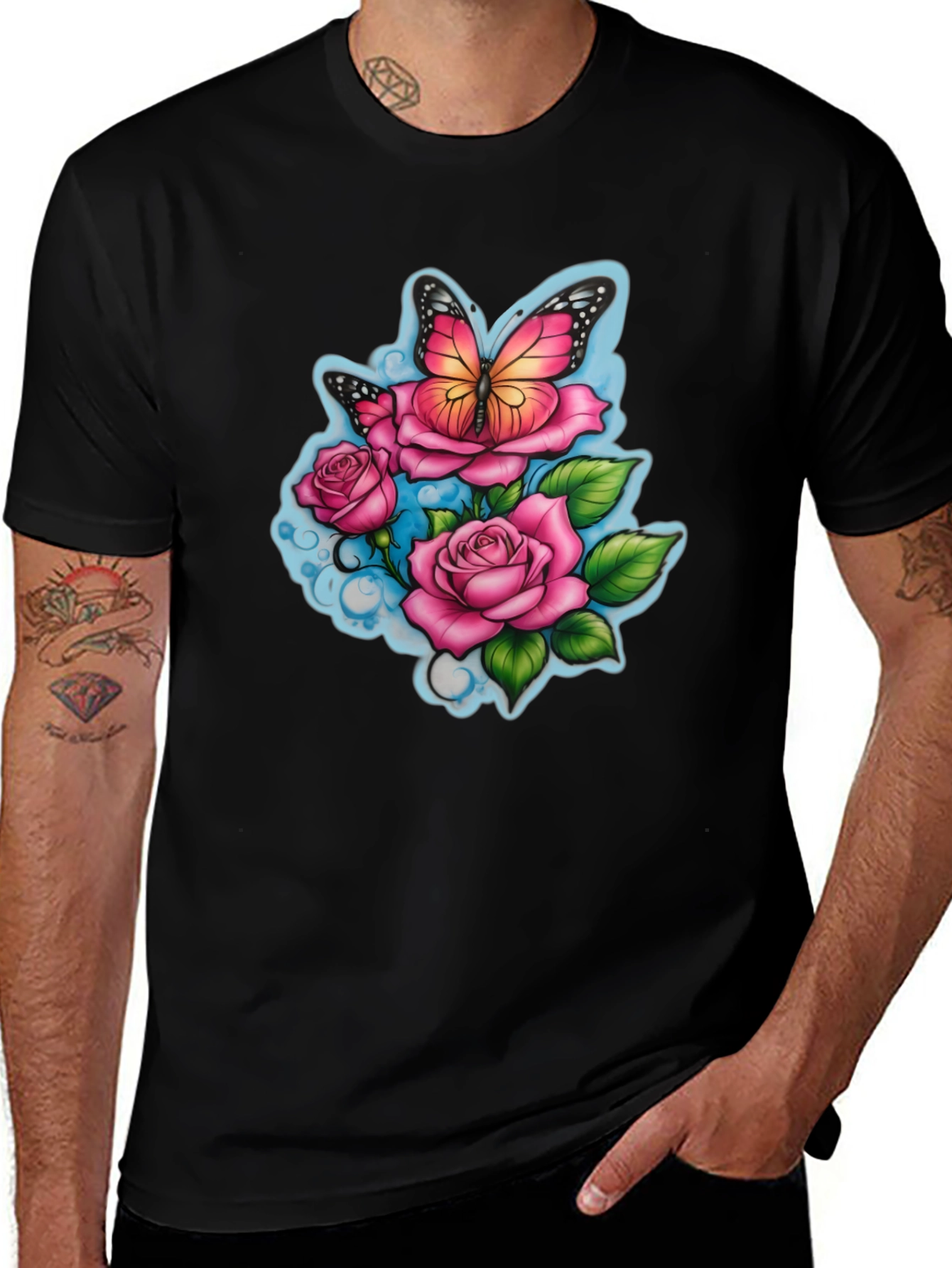 Butterfly & Roses Graphic Black T-Shirt