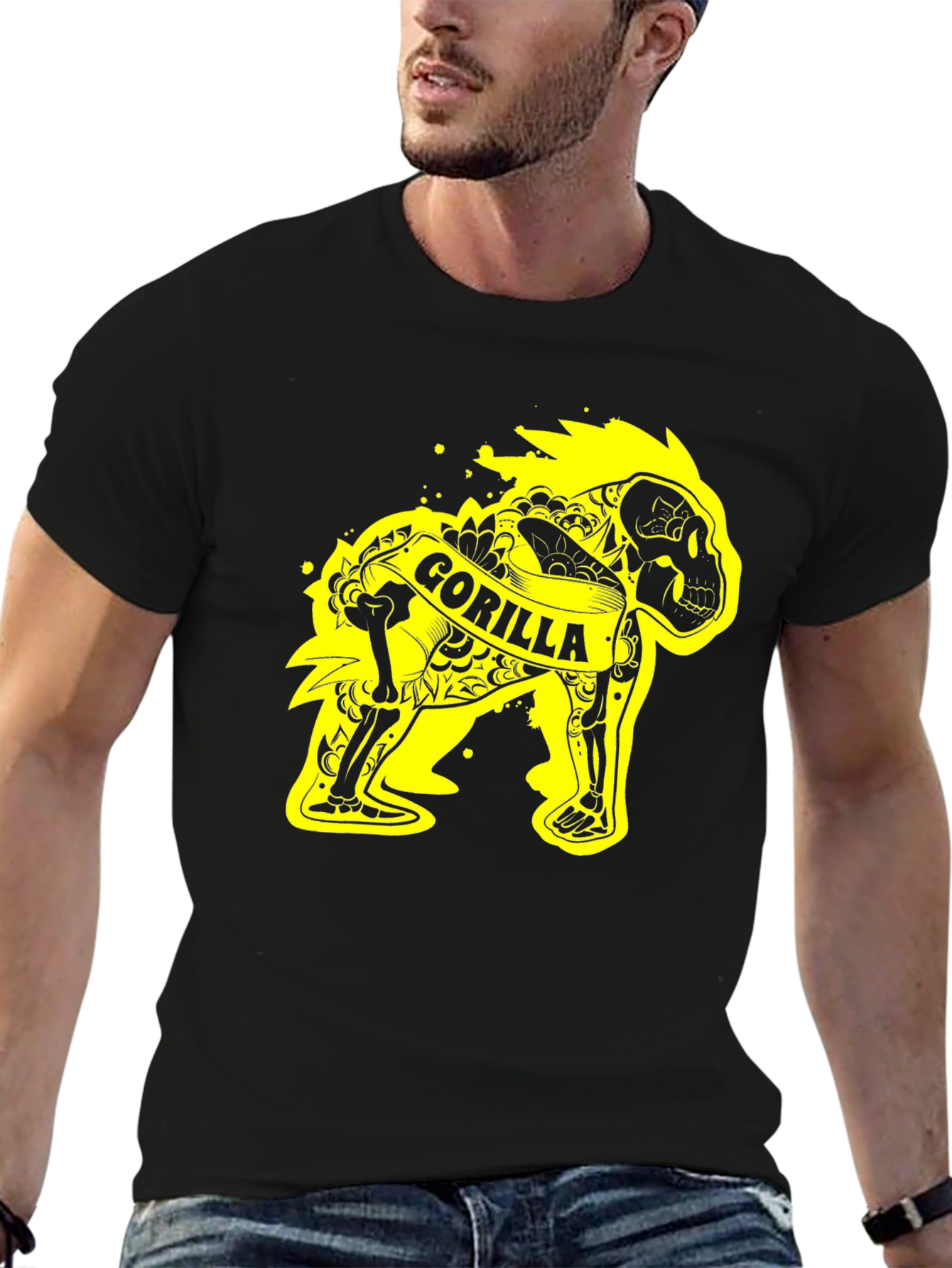 Gorilla Skeleton Graphic Tee - Black Cotton T-Shirt