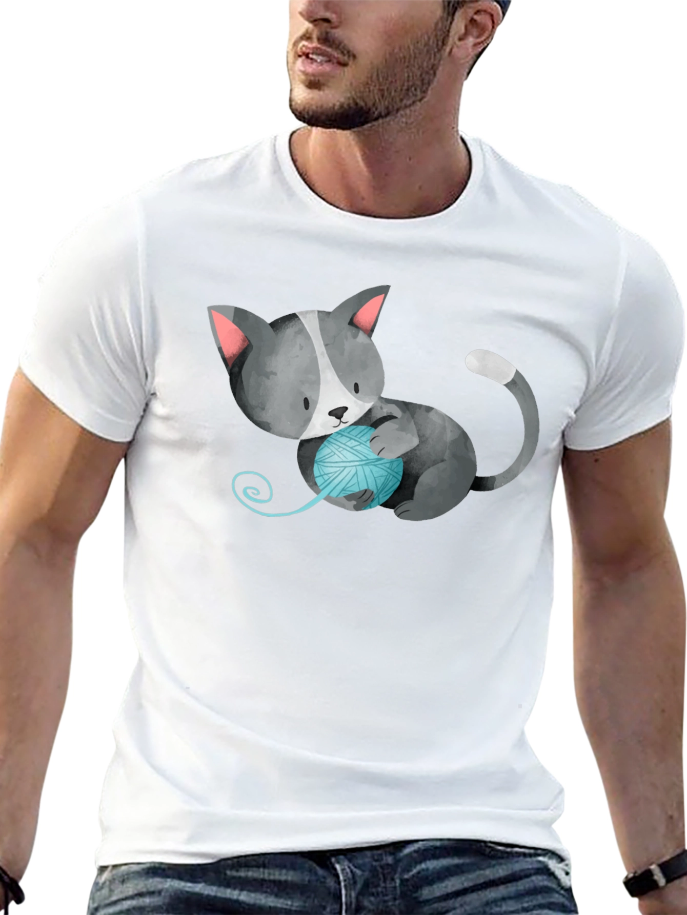 Cute Cat with Yarn Ball Black T-Shirt