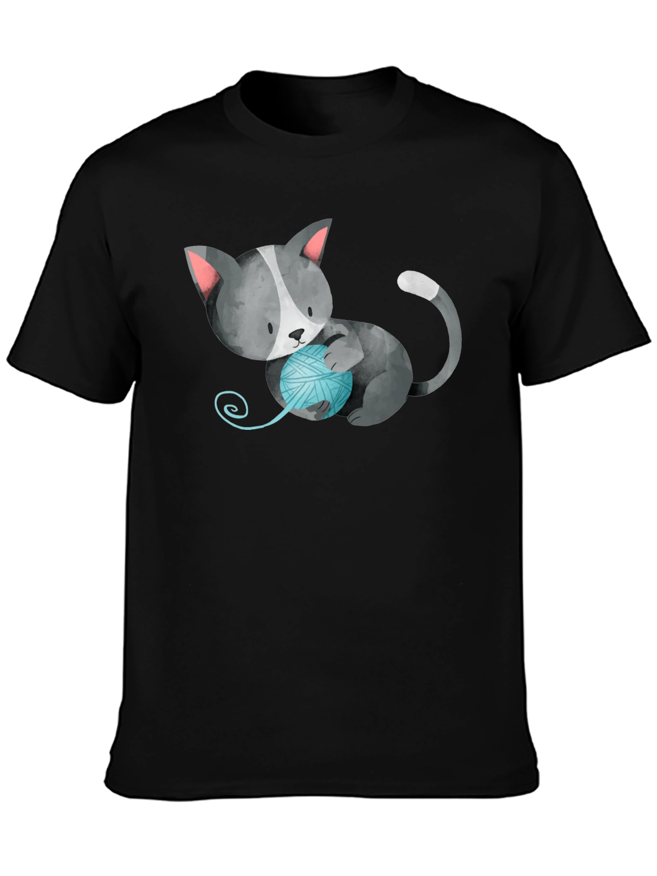Cute Cat with Yarn Ball Black T-Shirt