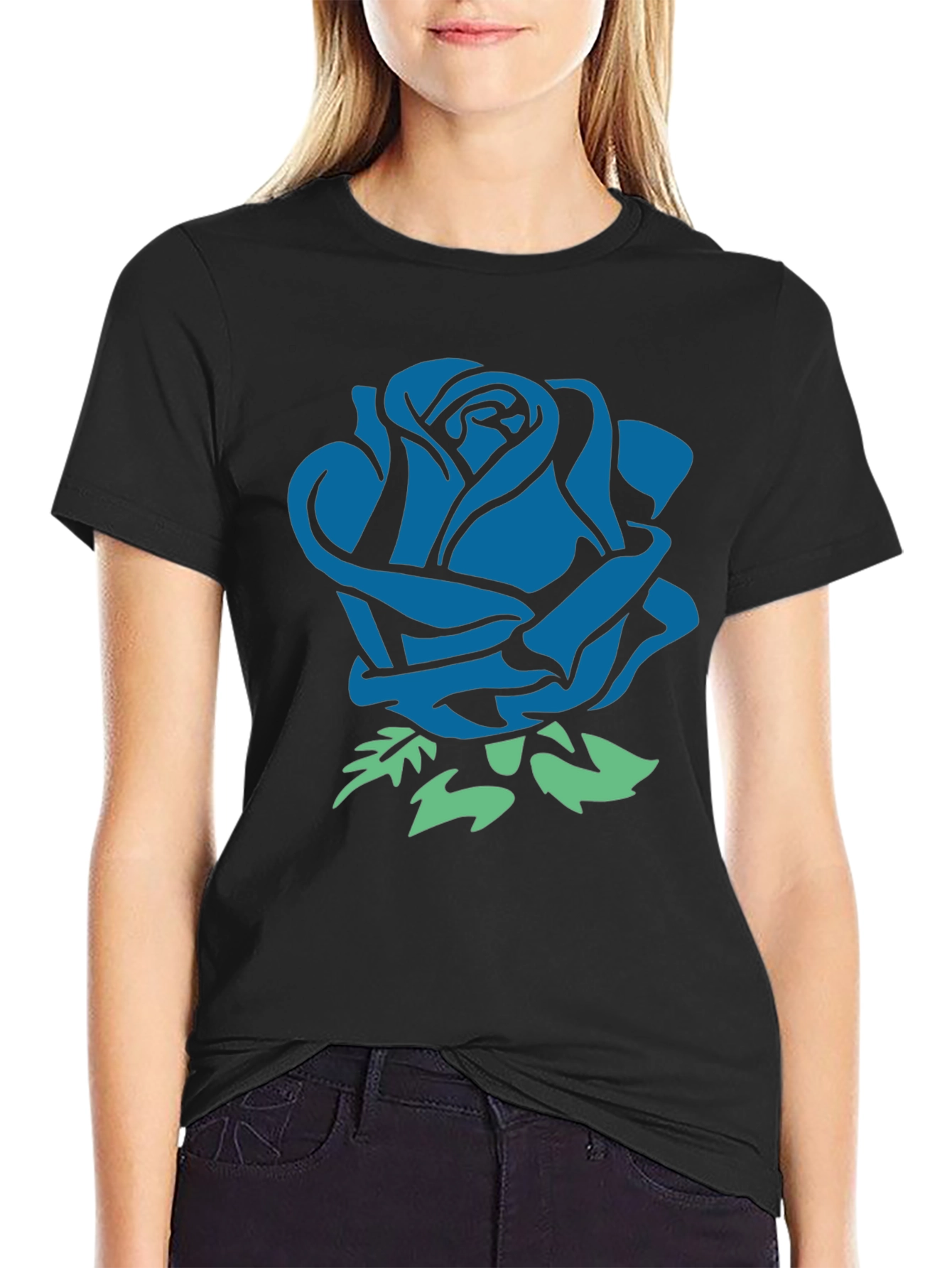 Blue Rose Graphic Black T-Shirt