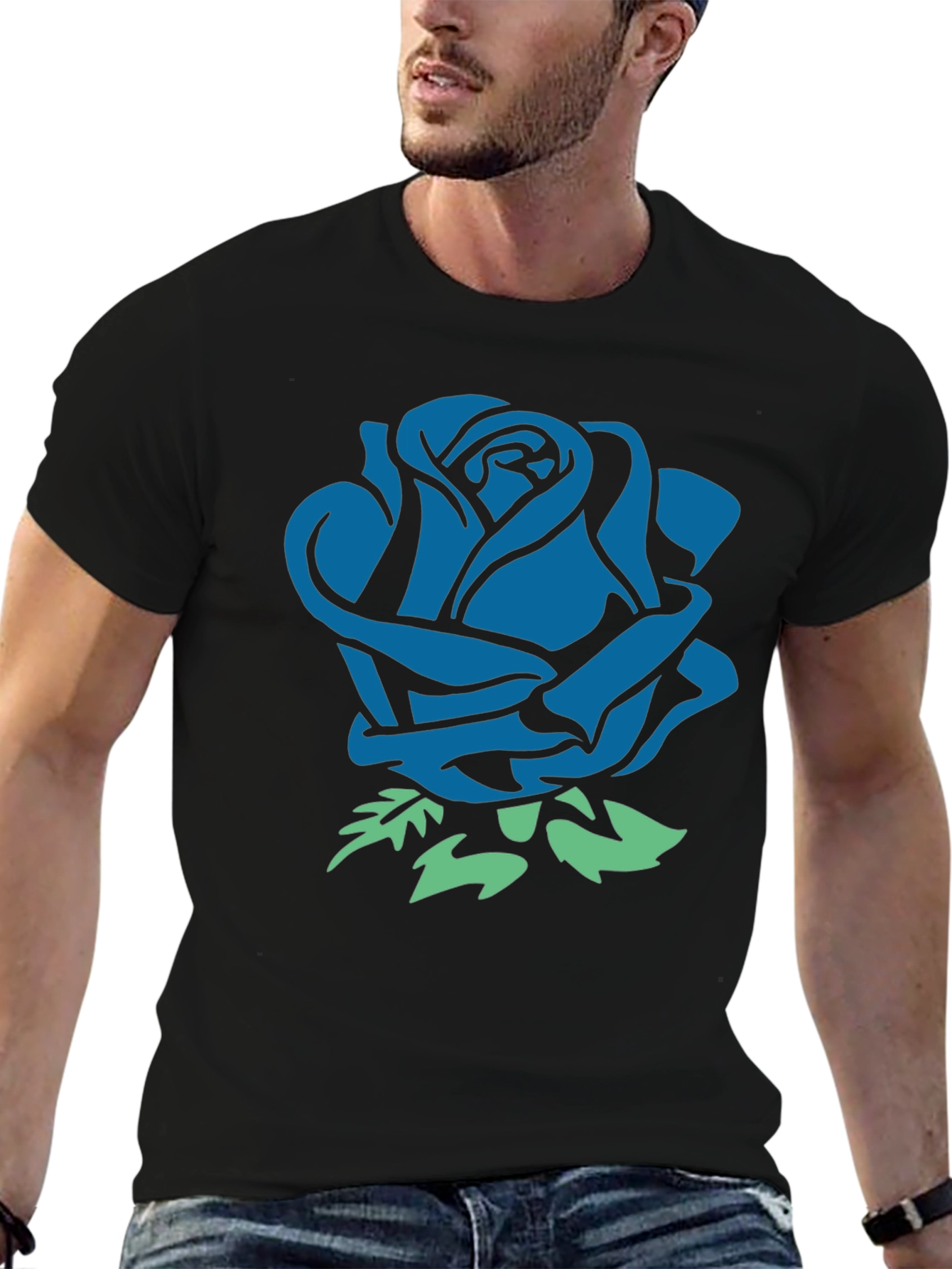 Blue Rose Graphic Black T-Shirt