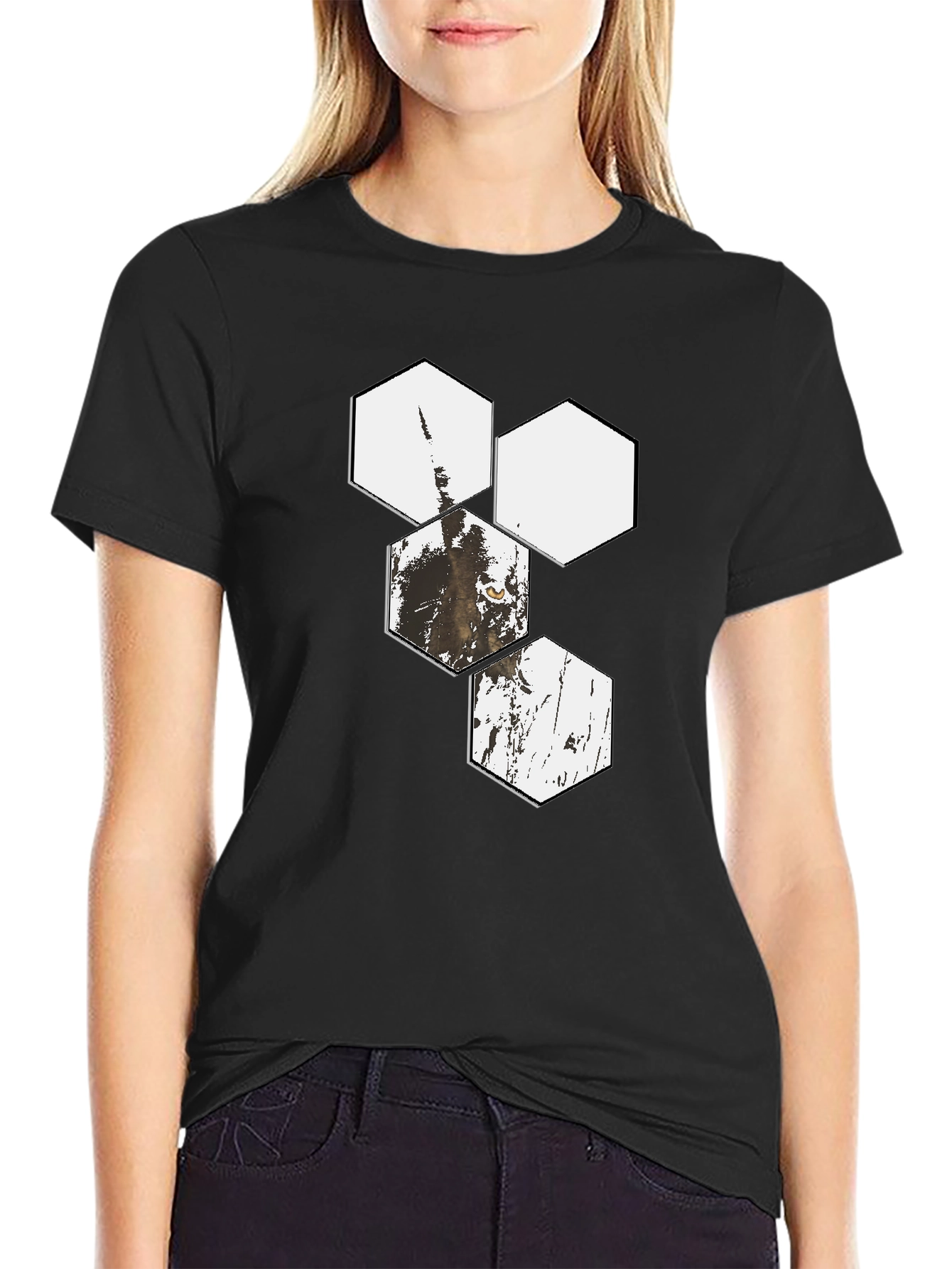 Geometric Wolf Print Black T-Shirt