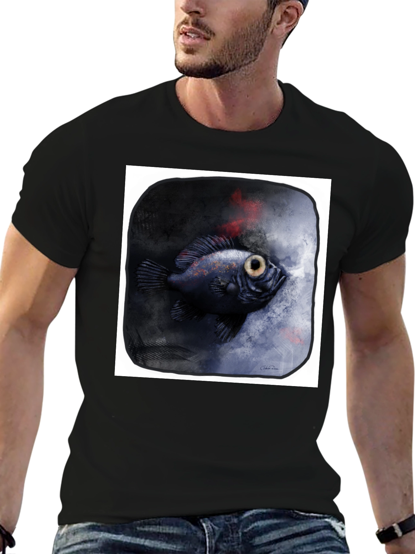 Unique Fish Graphic Black T-Shirt