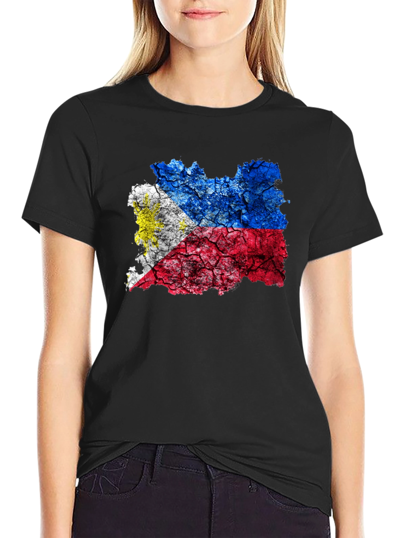 Philippines Flag Cracked T-Shirt - Black