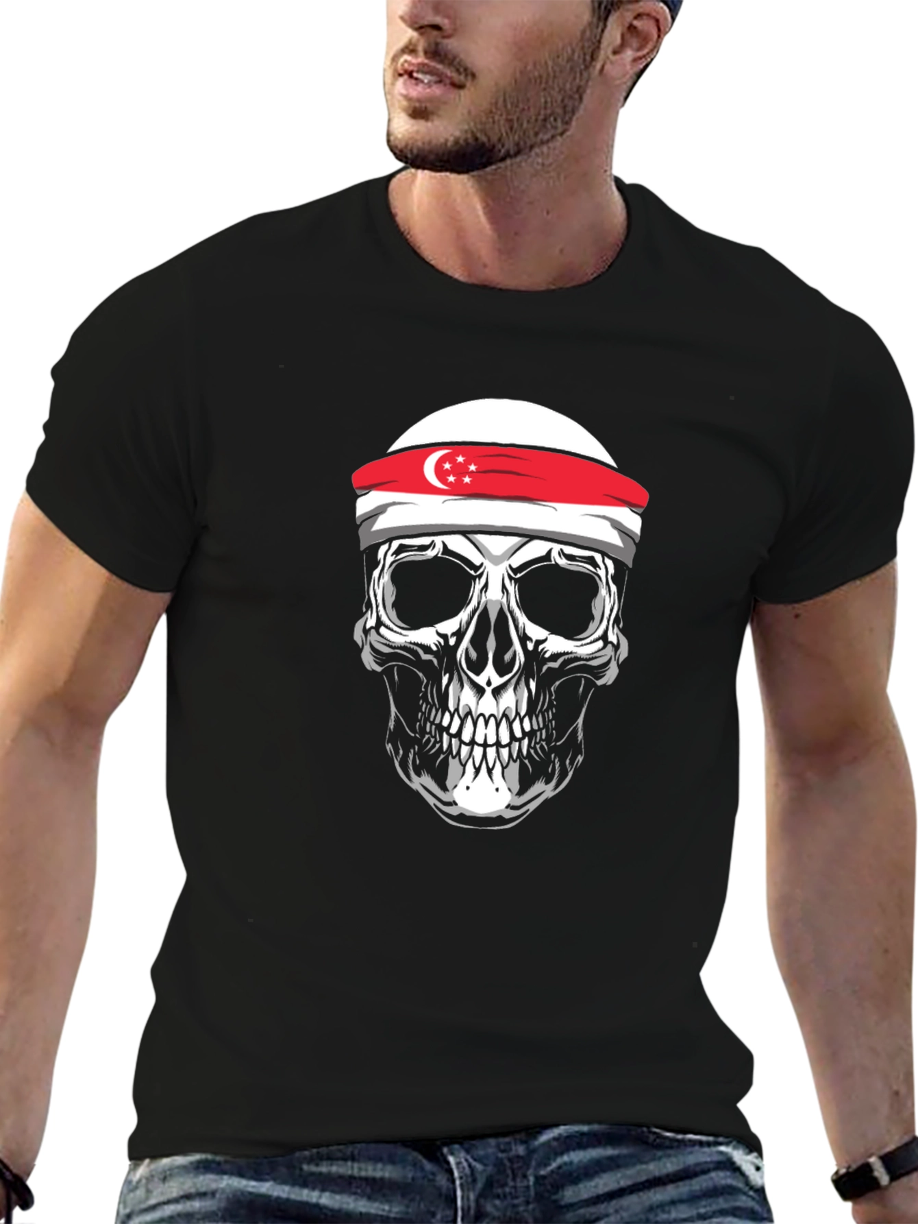 Singapore Flag Skull T-Shirt - Unique Graphic Tee