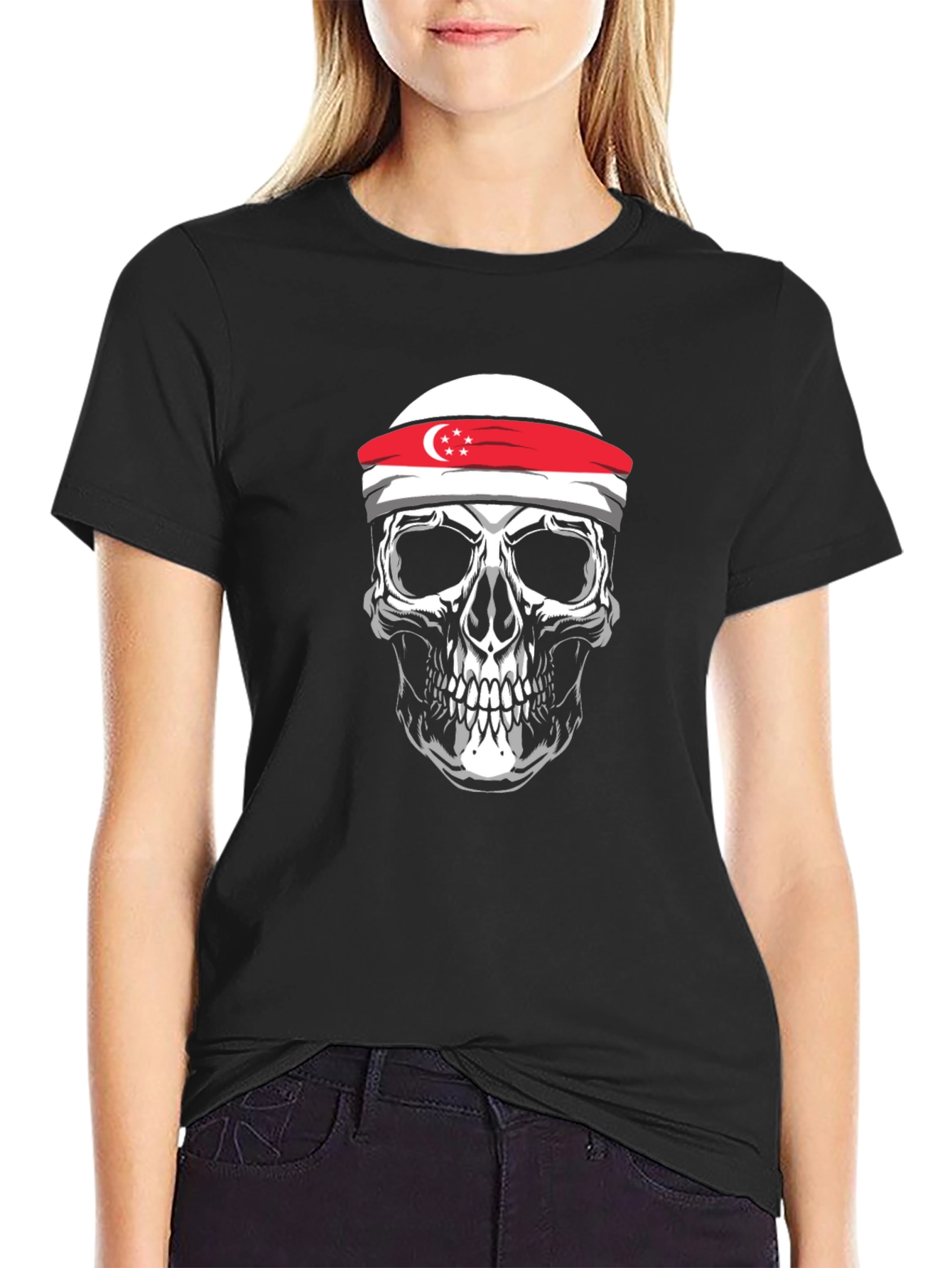 Singapore Flag Skull T-Shirt - Unique Graphic Tee