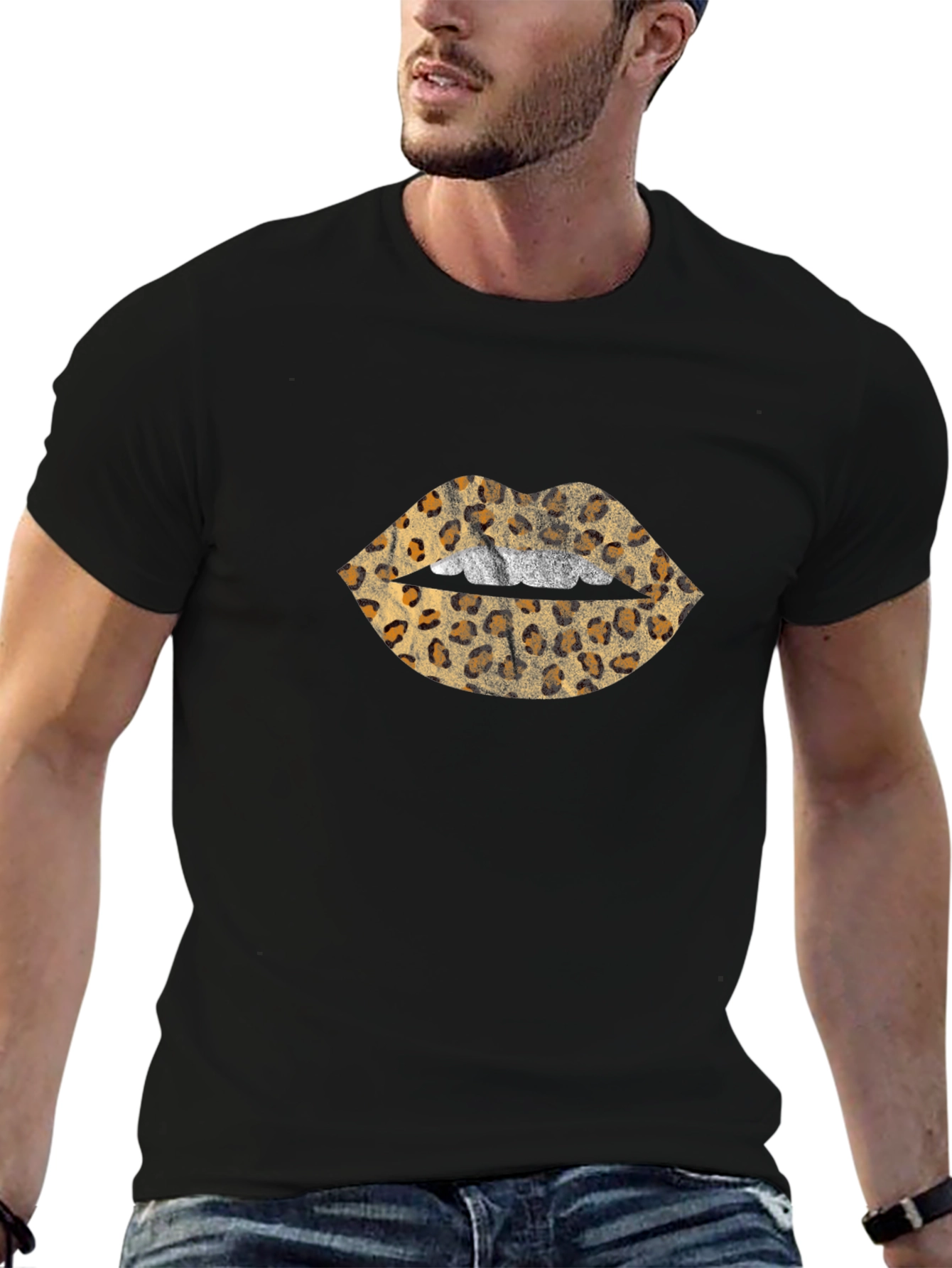 Leopard Print Lips Graphic Black T-Shirt